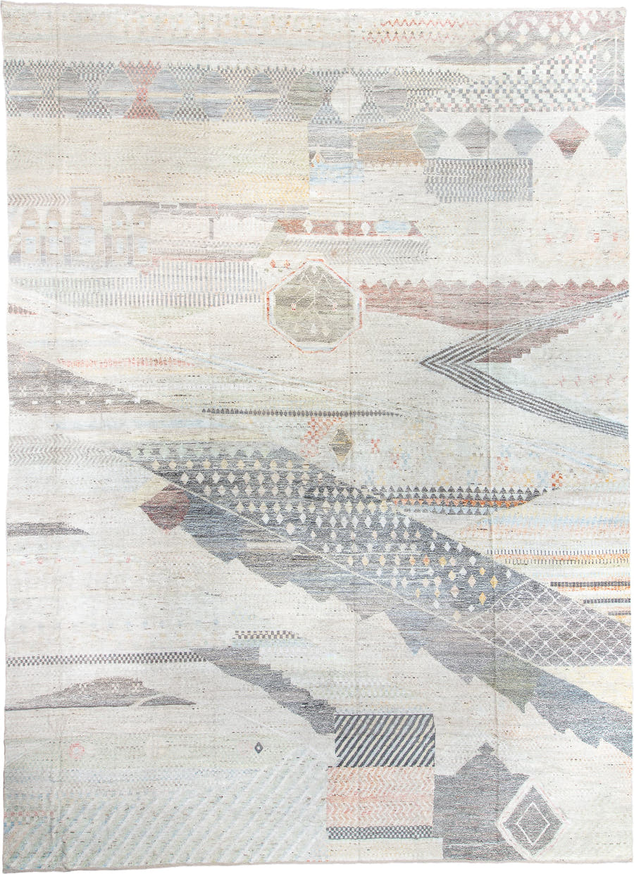 14' x 19' one-of-a-kind handmade vintage Tulu oversize rug. Color palette: ivory, gray, taupe, pale blue, blush, charcoal
