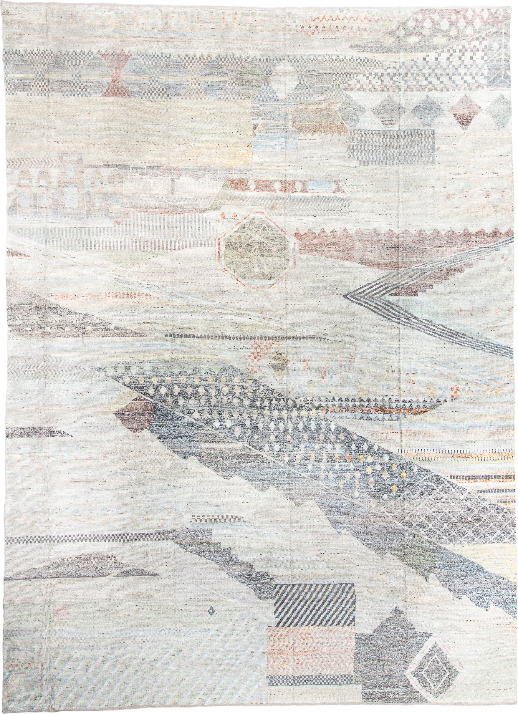 14' x 19' one-of-a-kind handmade vintage Tulu oversize rug. Color palette: ivory, gray, taupe, pale blue, blush, charcoal