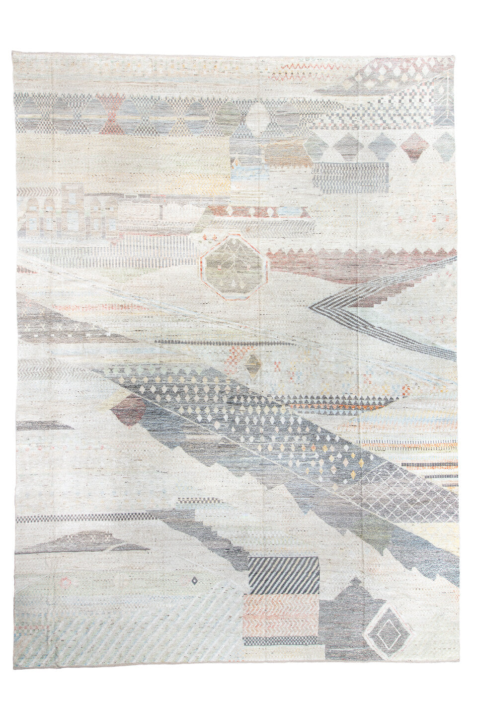 14' x 19' one-of-a-kind handmade vintage Tulu oversize rug. Color palette: dark gray, dim gray, gainsboro, gray, light blue