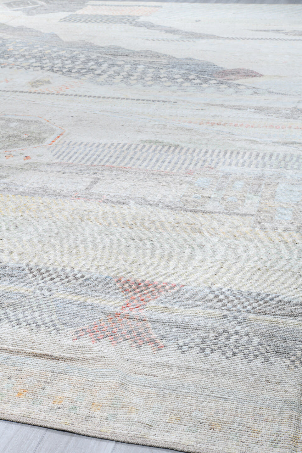 14' x 19' one-of-a-kind handmade vintage Tulu oversize rug. Color palette: ivory, gray, taupe, pale blue, blush, charcoal