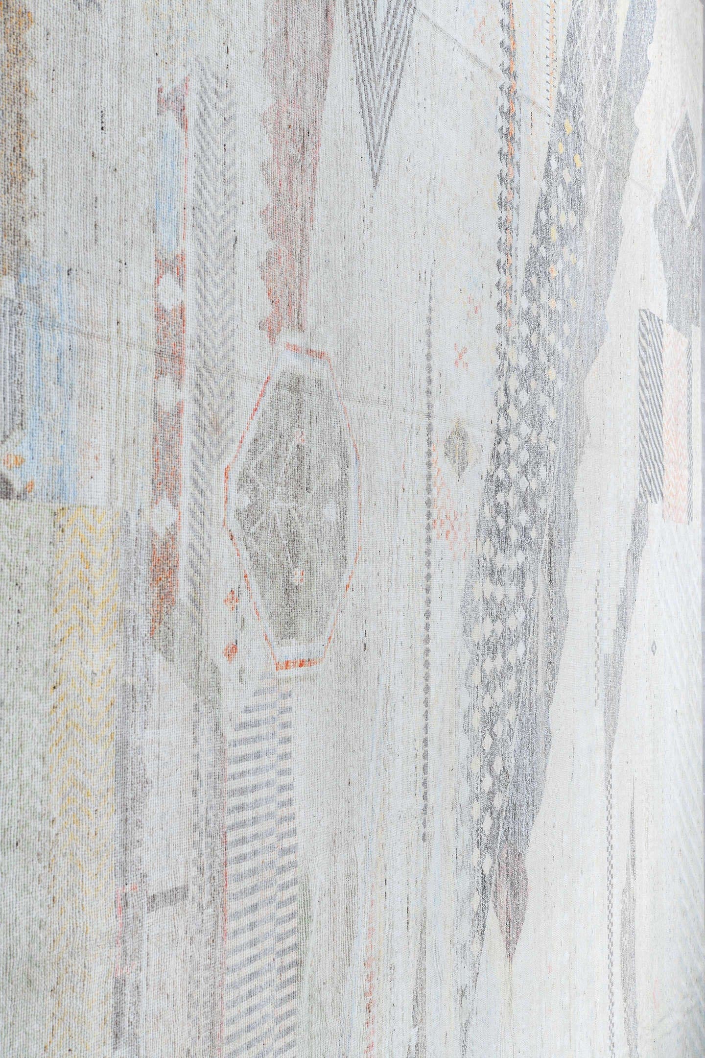 14' x 19' one-of-a-kind handmade vintage Tulu oversize rug. Color palette: ivory, gray, taupe, pale blue, blush, charcoal