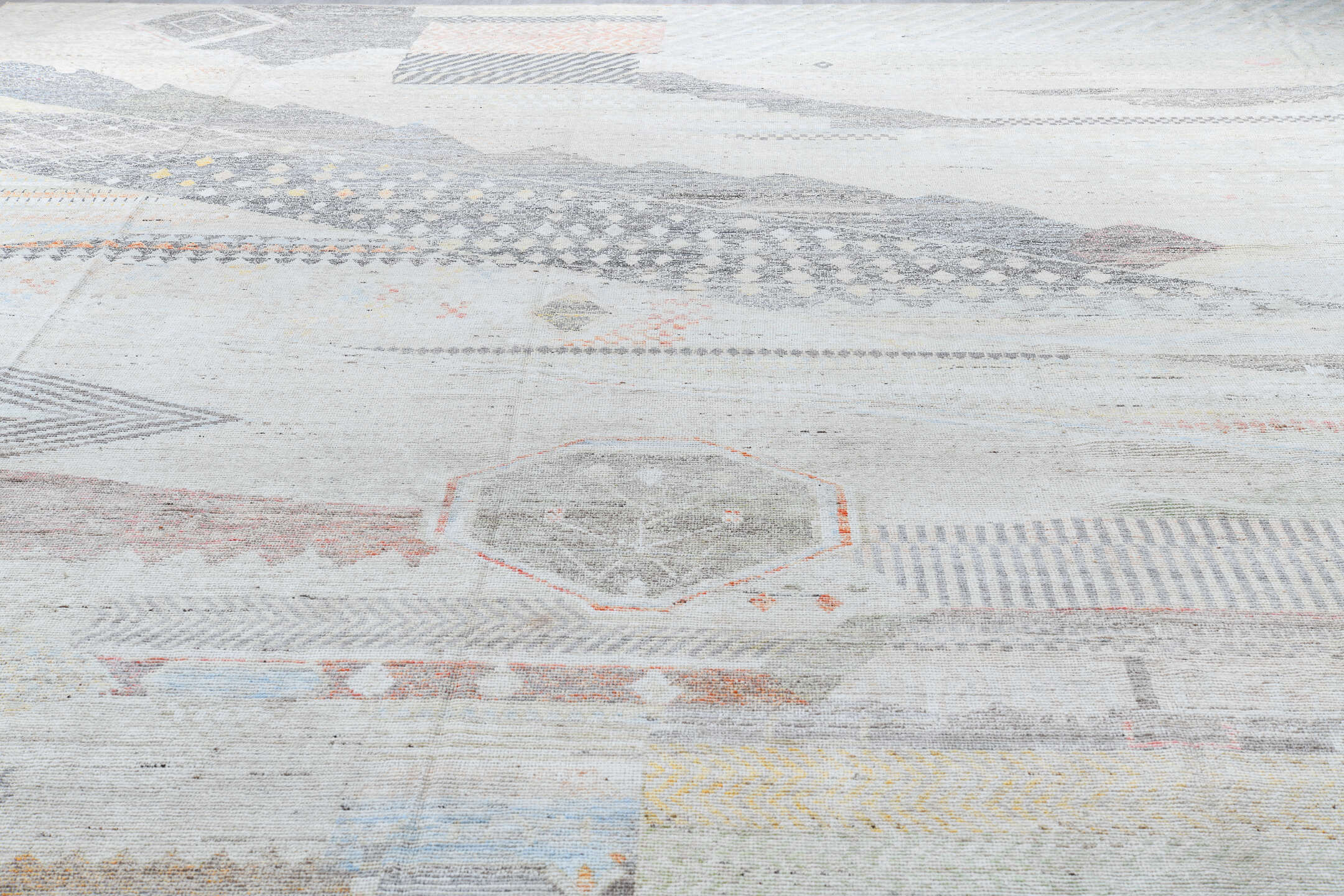 14' x 19' one-of-a-kind handmade vintage Tulu oversize rug. Color palette: dark gray, dim gray, gainsboro, gray, light blue