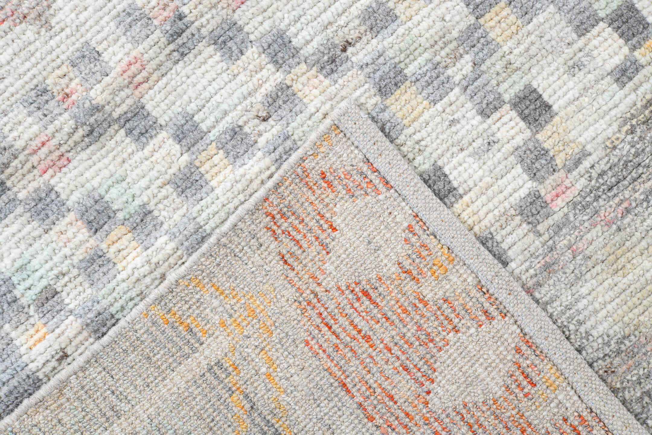 14' x 19' one-of-a-kind handmade vintage Tulu oversize rug. Color palette: ivory, gray, taupe, pale blue, blush, charcoal