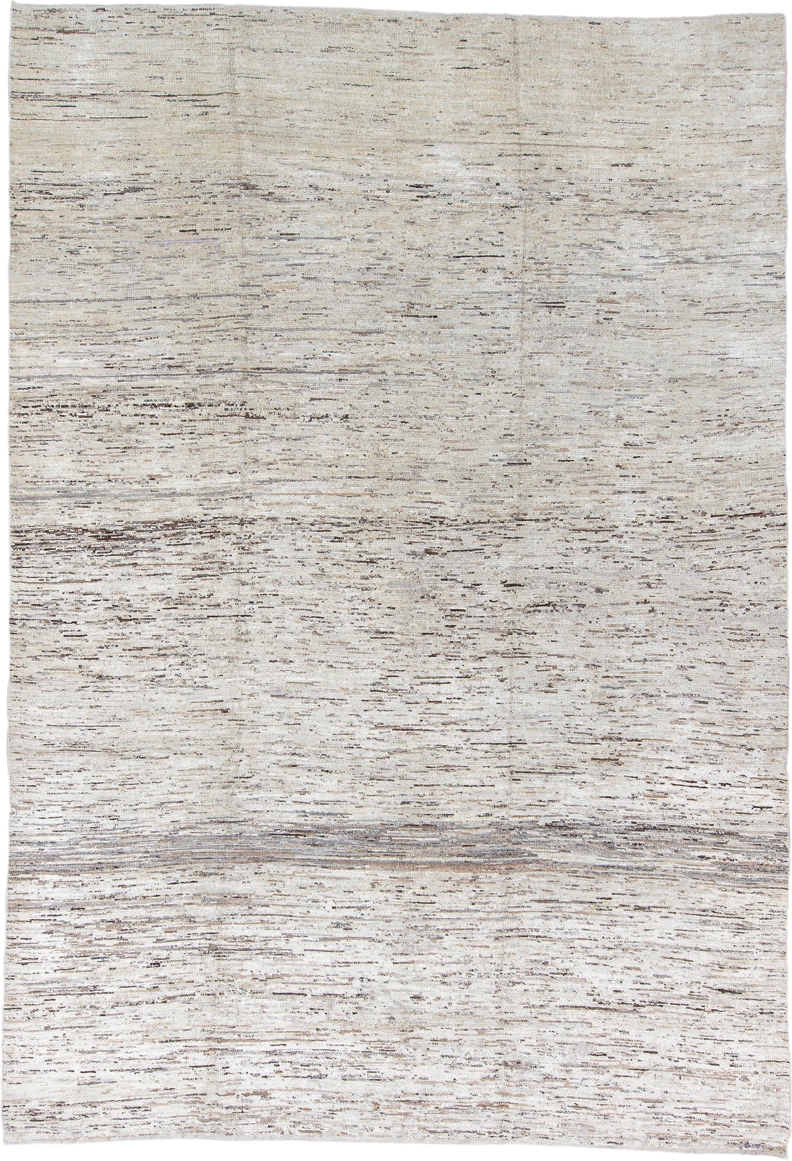 9' x 14' one-of-a-kind handmade vintage Tulu large size rug. Color palette: ivory, taupe, brown, gray, beige