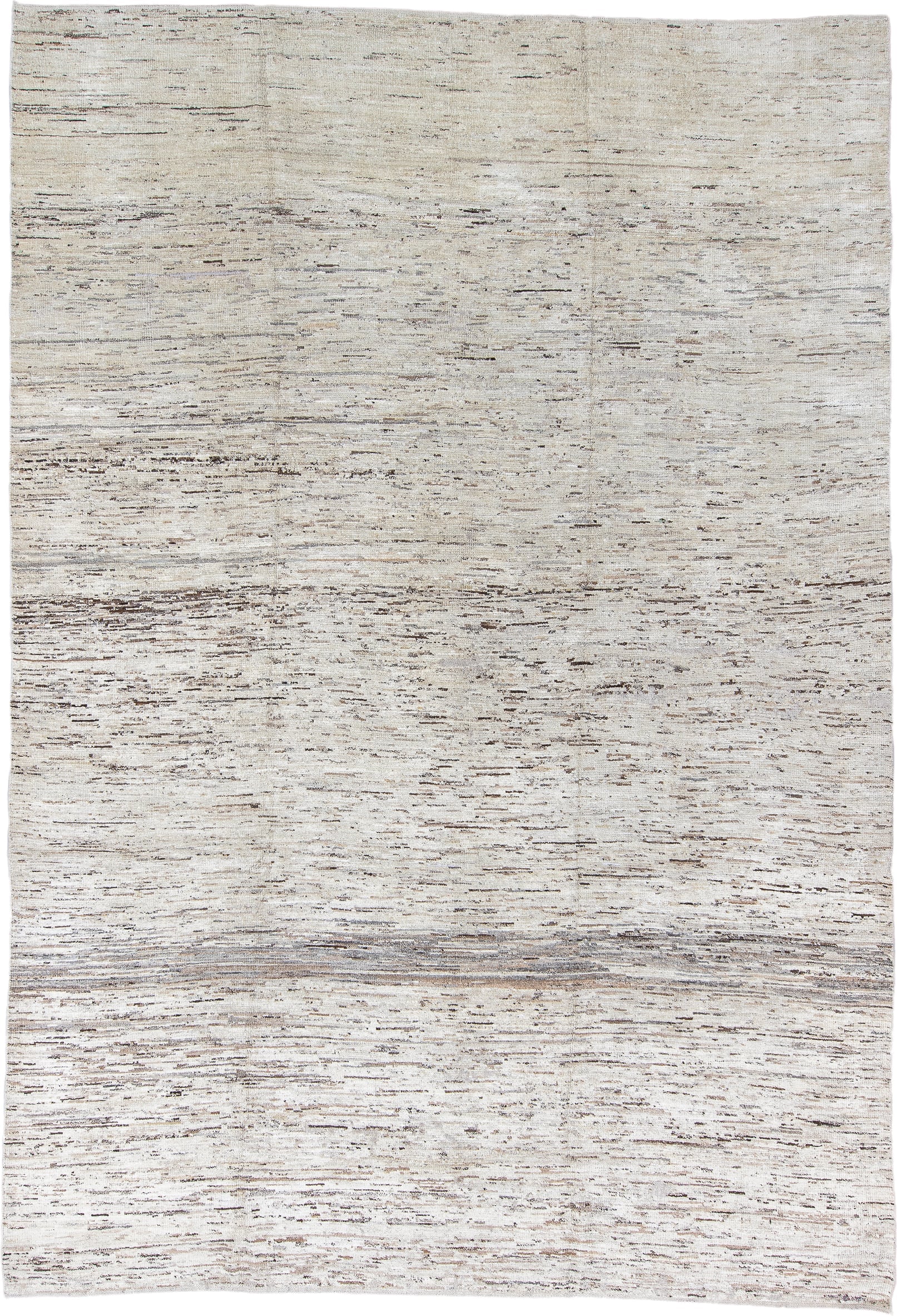 9' x 14' one-of-a-kind handmade vintage Tulu large size rug. Color palette: ivory, taupe, brown, gray, beige