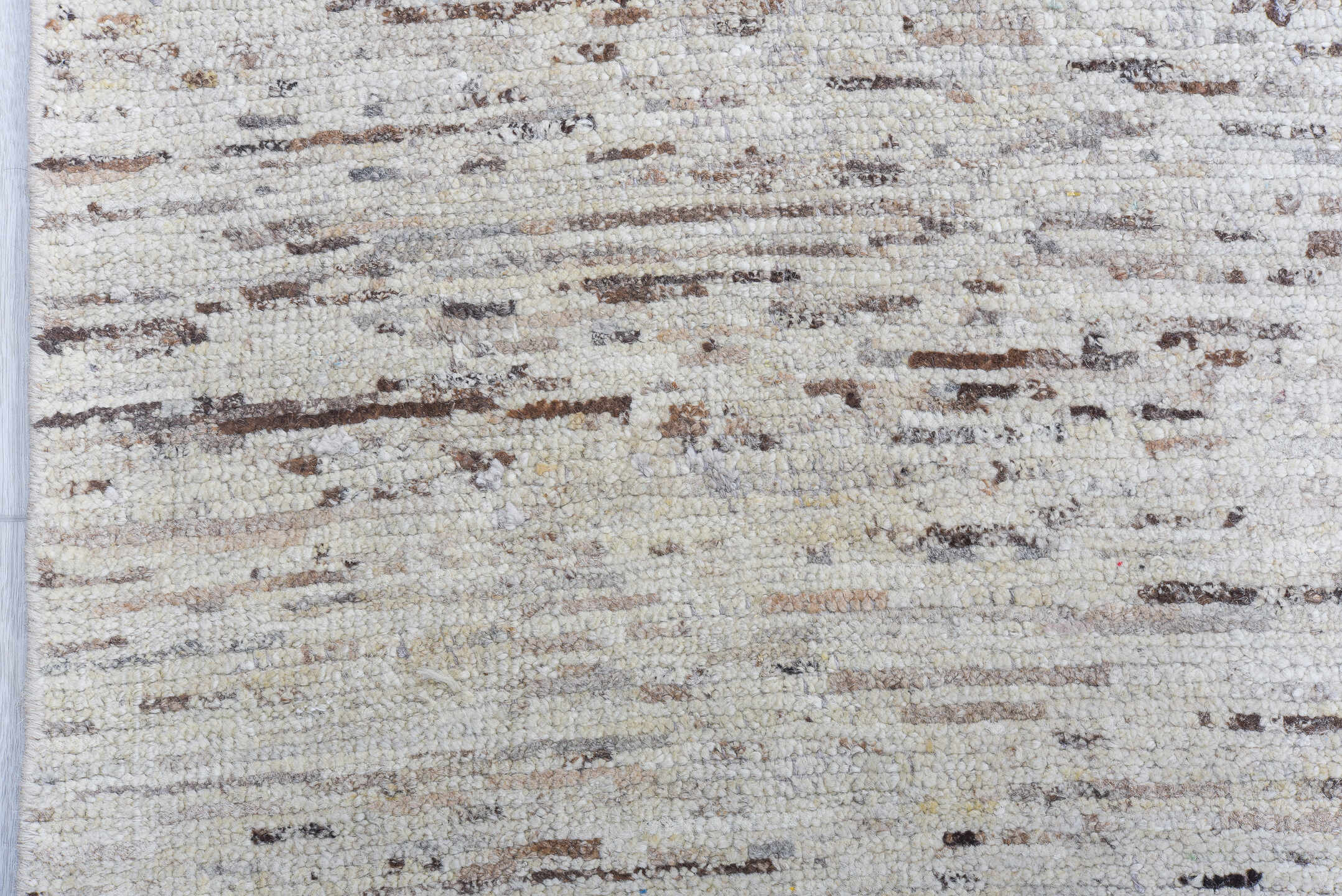 9' x 14' one-of-a-kind handmade vintage Tulu large size rug. Color palette: ivory, taupe, brown, gray, beige