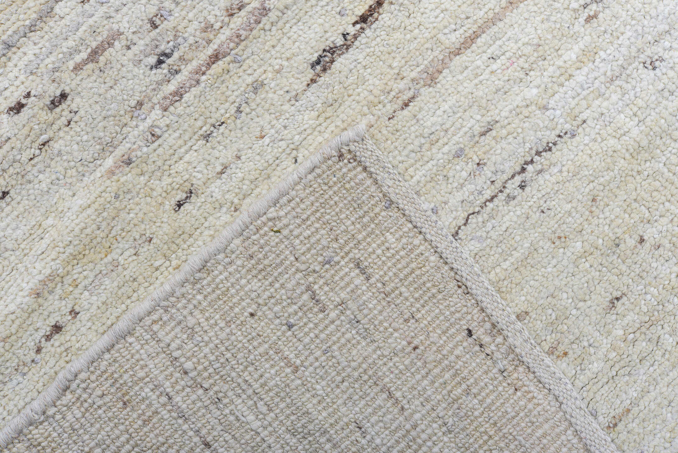 9' x 14' one-of-a-kind handmade vintage Tulu large size rug. Color palette: ivory, taupe, brown, gray, beige