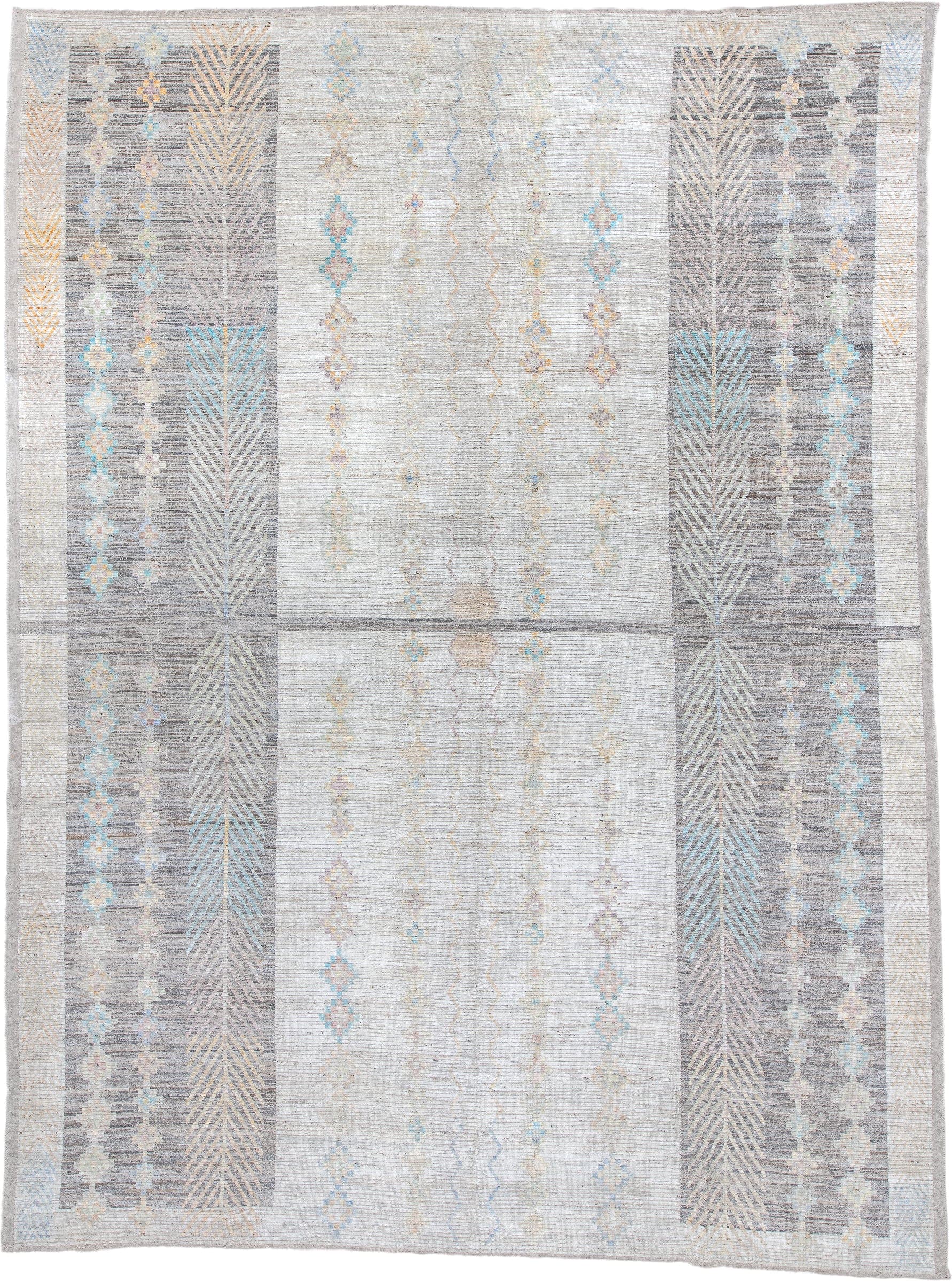 13' x 17' one-of-a-kind handmade vintage Tulu oversize rug. Color palette: ivory, gray, sky_blue, taupe, gold, blush, cream