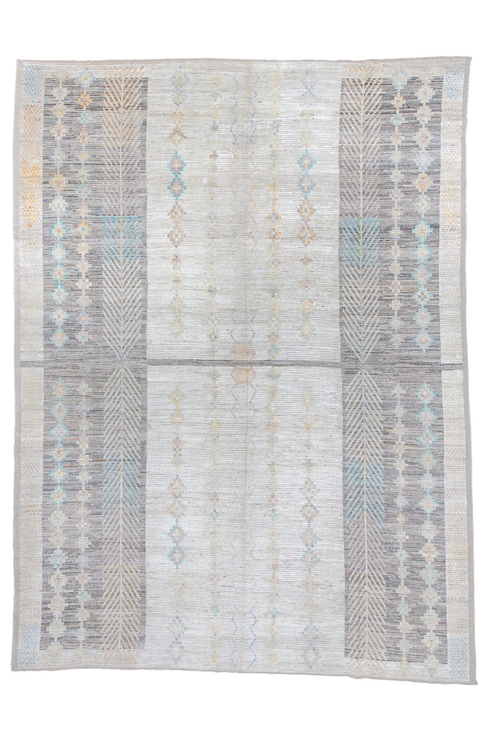 13' x 17' one-of-a-kind handmade vintage Tulu oversize rug. Color palette: blue, brown, dark gray, gainsboro, gray