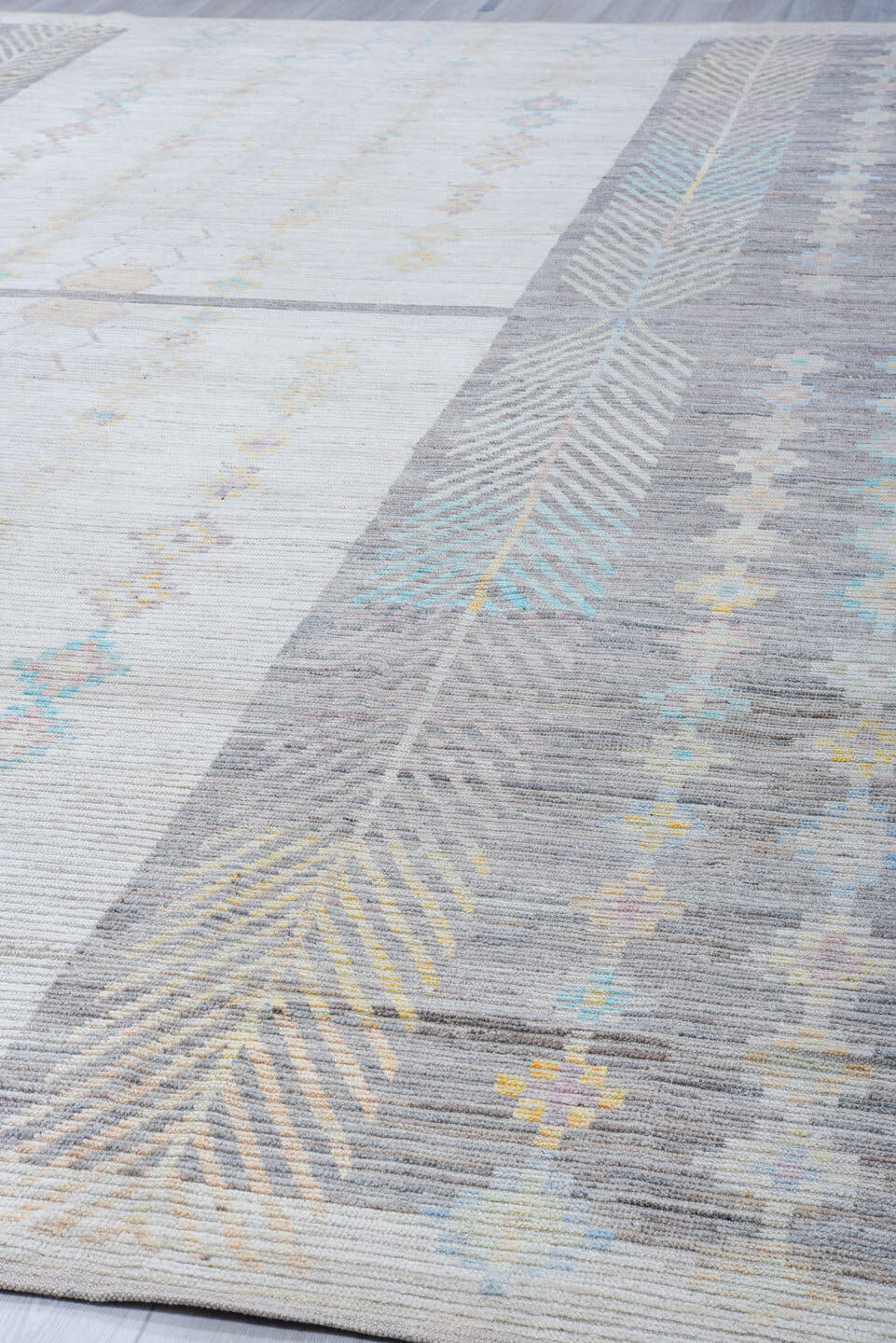 13' x 17' one-of-a-kind handmade vintage Tulu oversize rug. Color palette: ivory, gray, sky_blue, taupe, gold, blush, cream