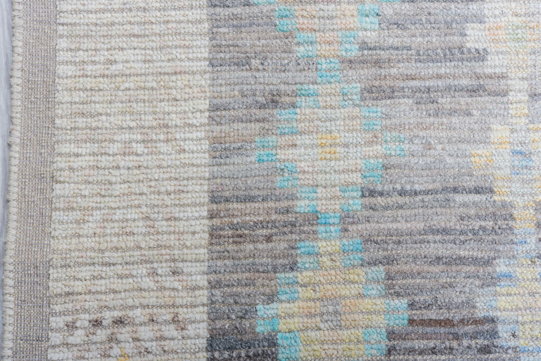 13' x 17' one-of-a-kind handmade vintage Tulu oversize rug. Color palette: ivory, gray, sky_blue, taupe, gold, blush, cream