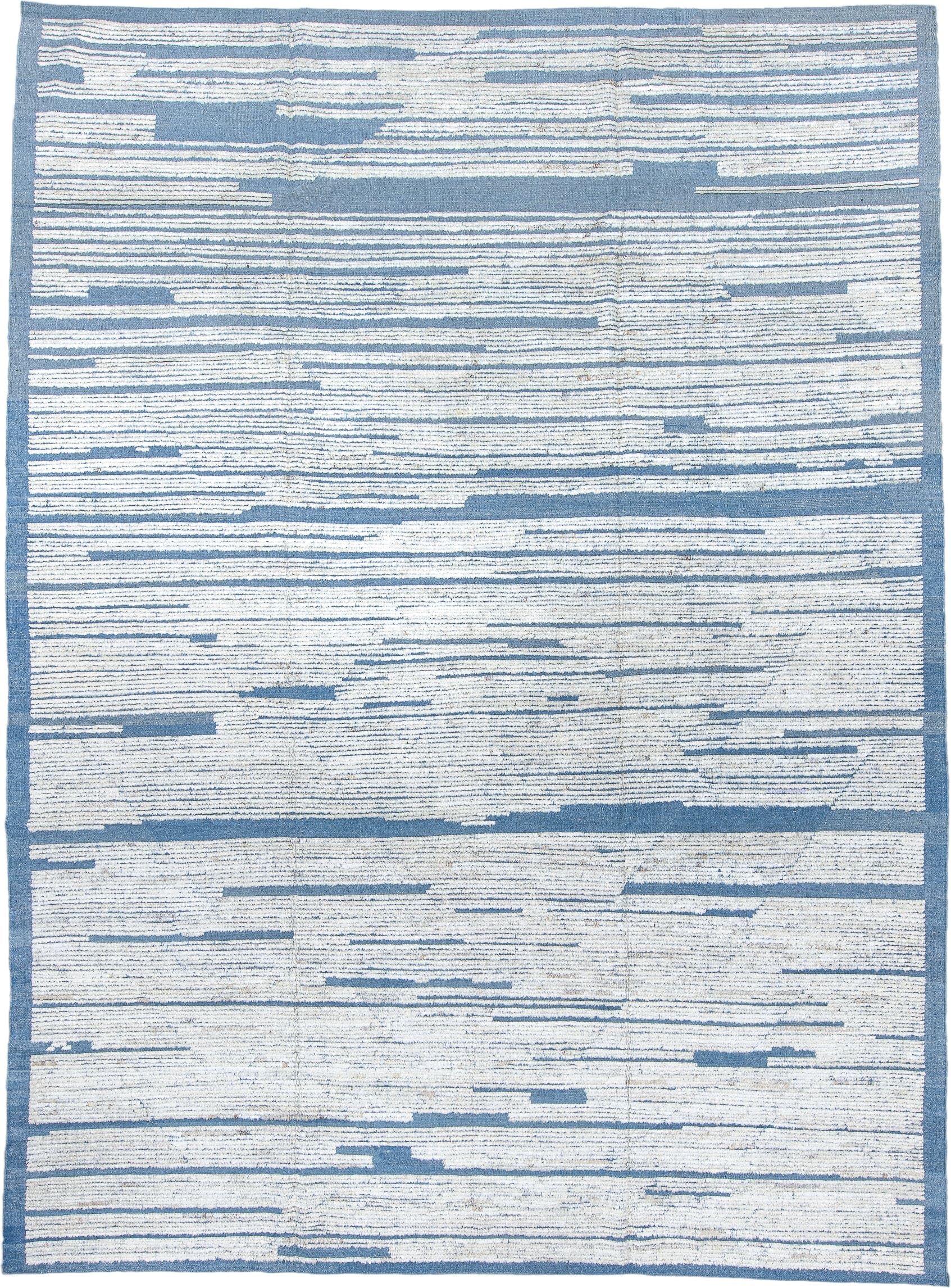9' x 12' one-of-a-kind handmade vintage Tulu large size rug. Color palette: ivory, sky blue, slate, light blue, gray