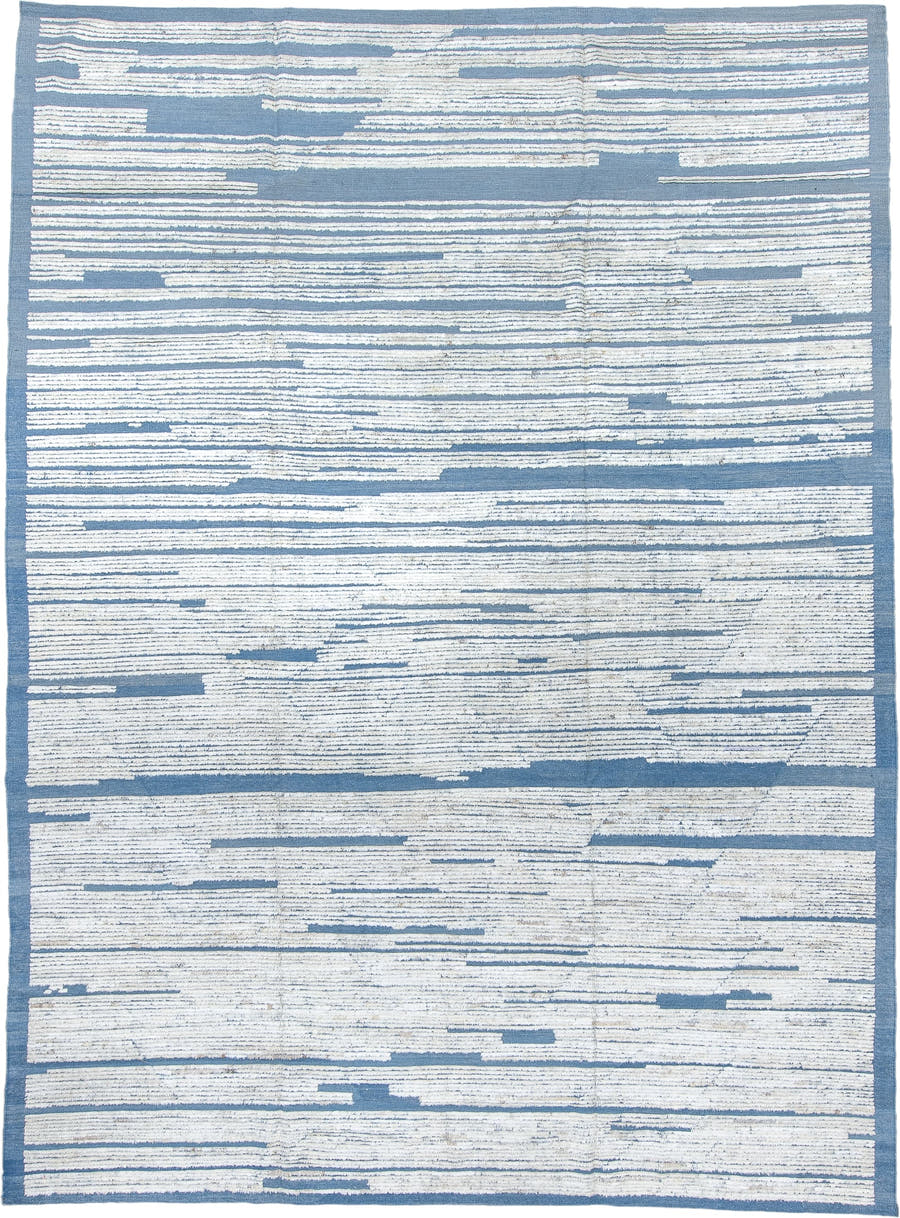 9' x 12' one-of-a-kind handmade vintage Tulu large size rug. Color palette: ivory, sky blue, slate, light blue, gray