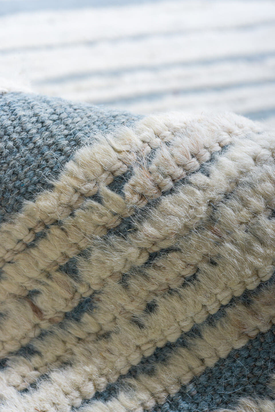9' x 12' one-of-a-kind handmade vintage Tulu large size rug. Color palette: ivory, sky blue, slate, light blue, gray