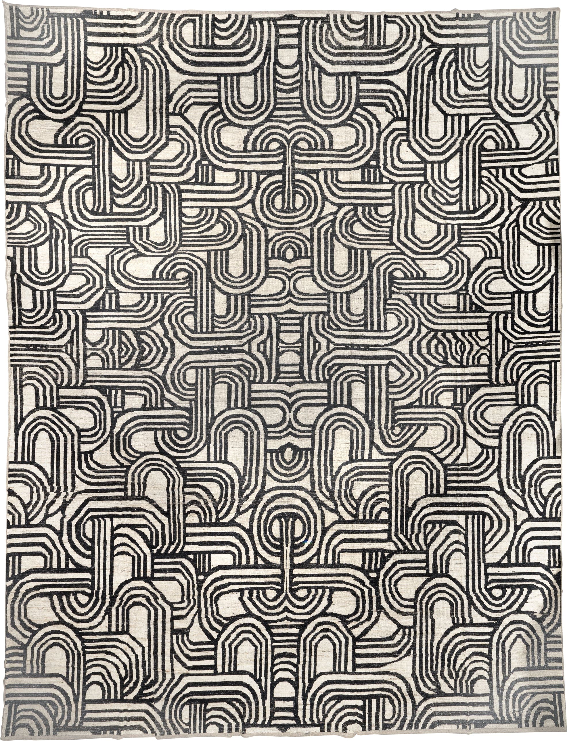 16' x 21' one-of-a-kind handmade vintage Tulu oversize rug. Color palette: ivory, charcoal, gray, black