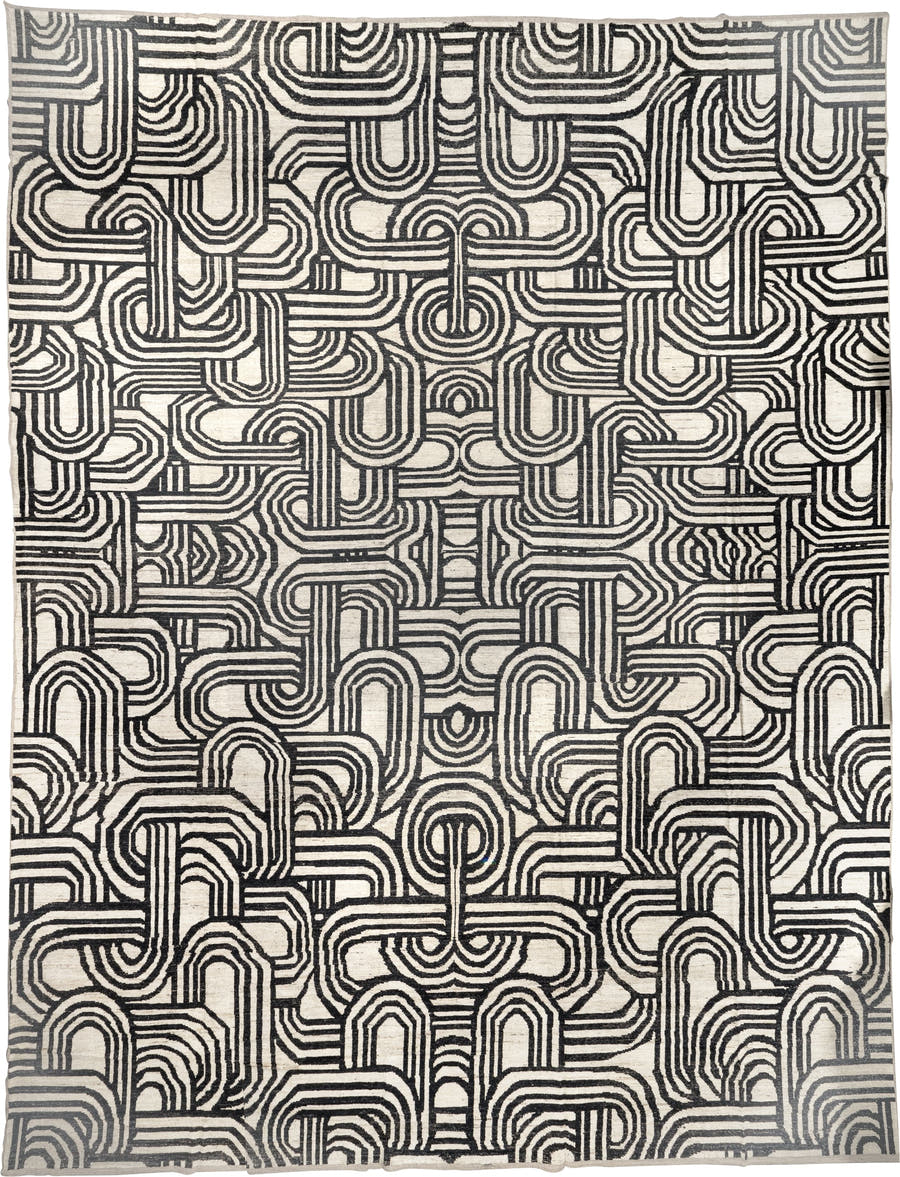16' x 21' one-of-a-kind handmade vintage Tulu oversize rug. Color palette: ivory, charcoal, gray, black