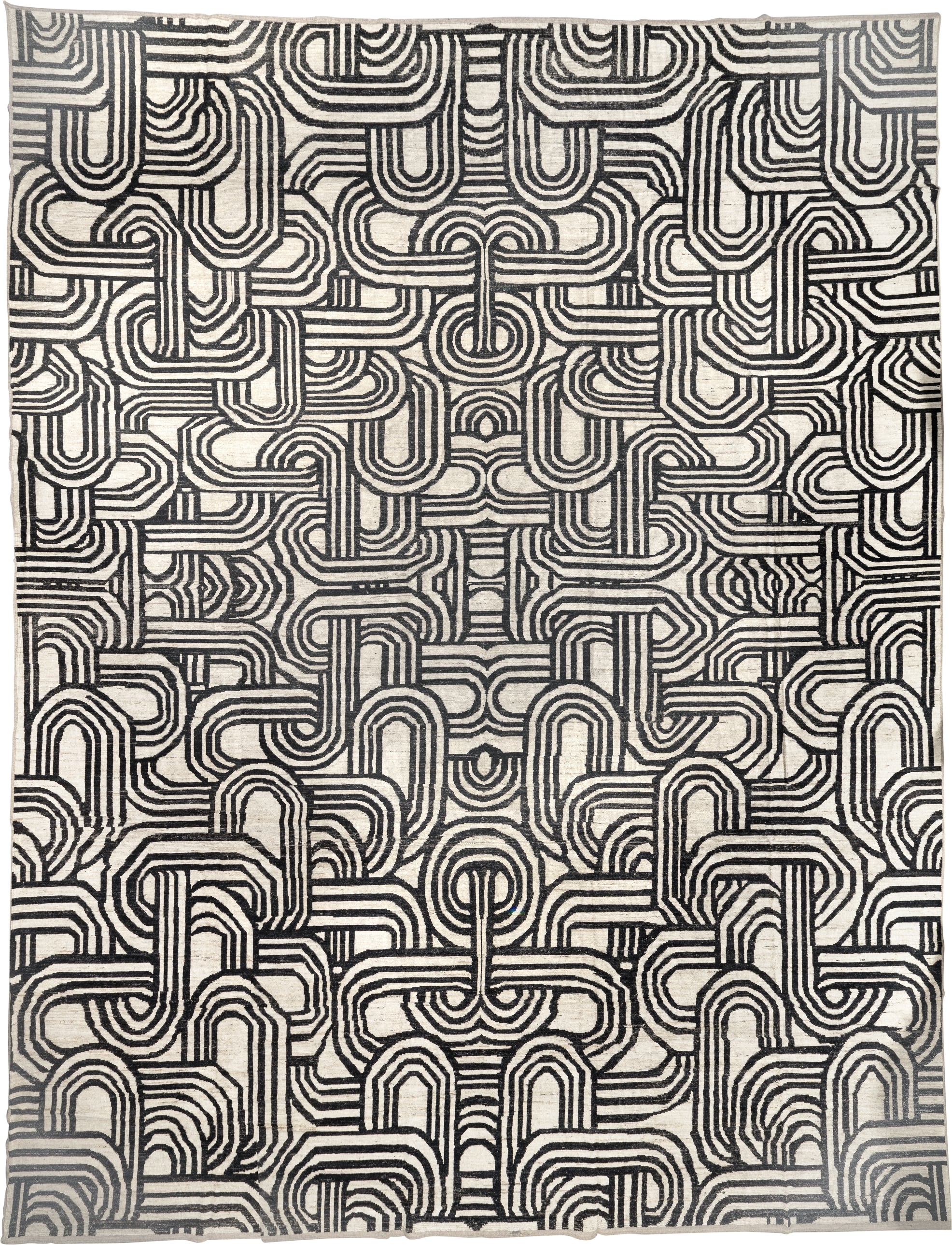 16' x 21' one-of-a-kind handmade vintage Tulu oversize rug. Color palette: ivory, charcoal, gray, black