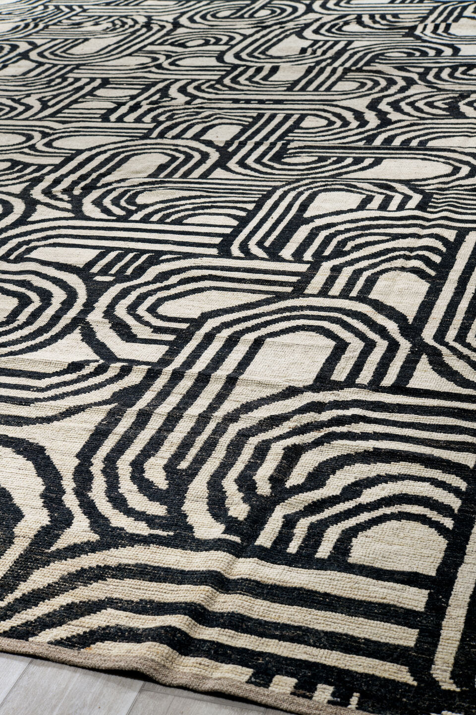 16' x 21' one-of-a-kind handmade vintage Tulu oversize rug. Color palette: ivory, charcoal, gray, black