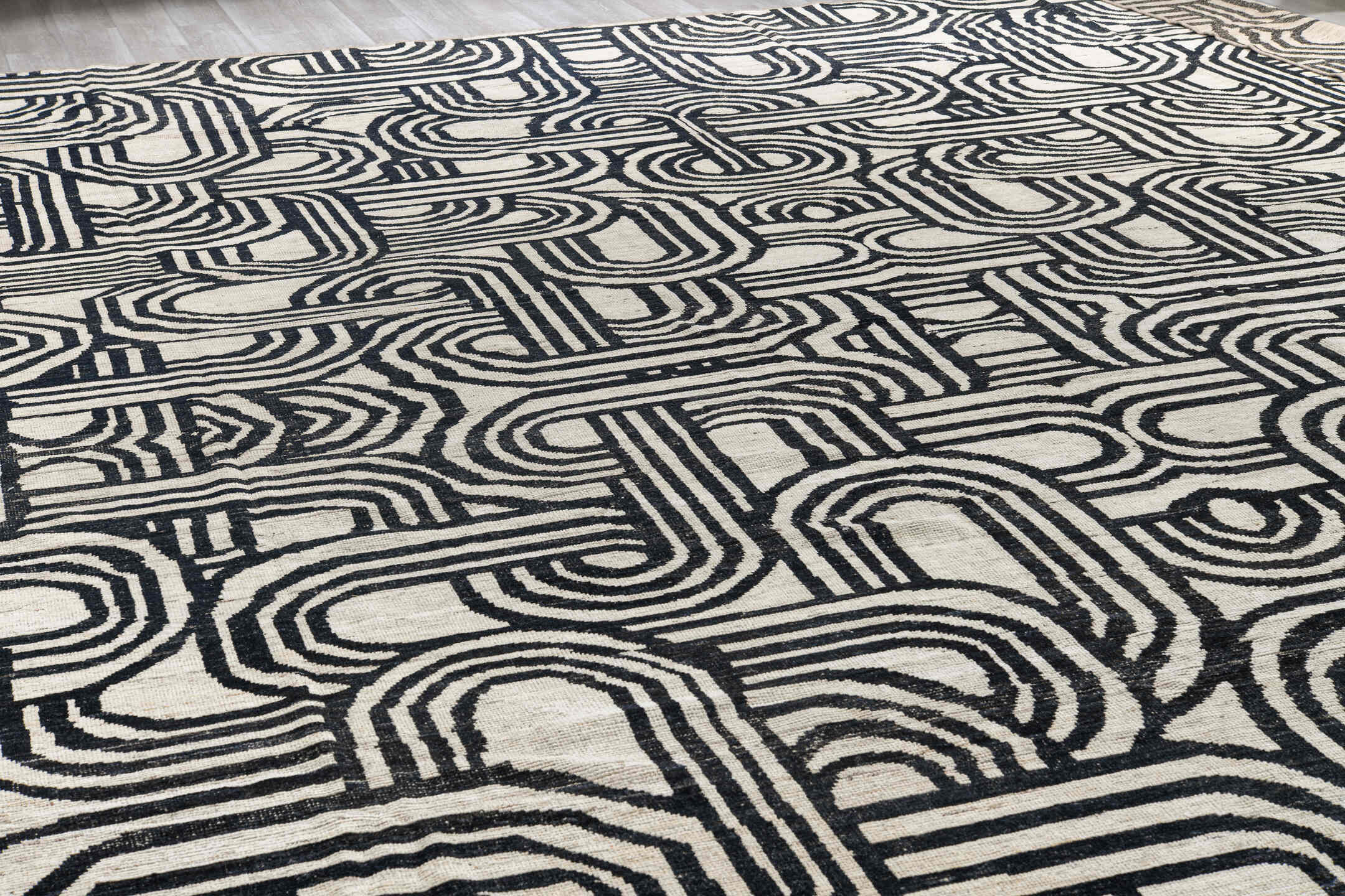 16' x 21' one-of-a-kind handmade vintage Tulu oversize rug. Color palette: ivory, charcoal, gray, black
