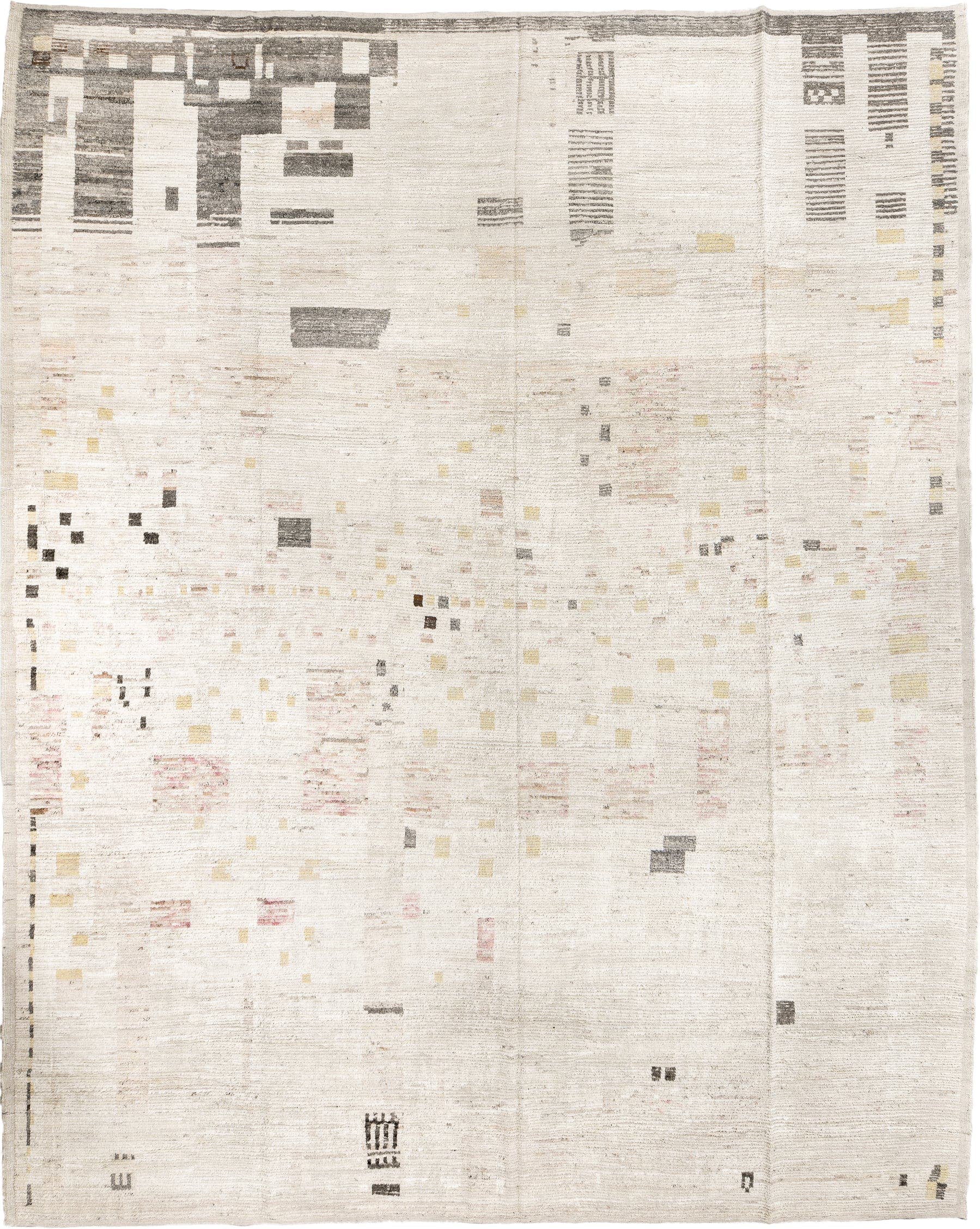 12' x 16' one-of-a-kind handmade vintage Tulu oversize rug. Color palette: ivory, charcoal, cream, pale gold, blush, taupe