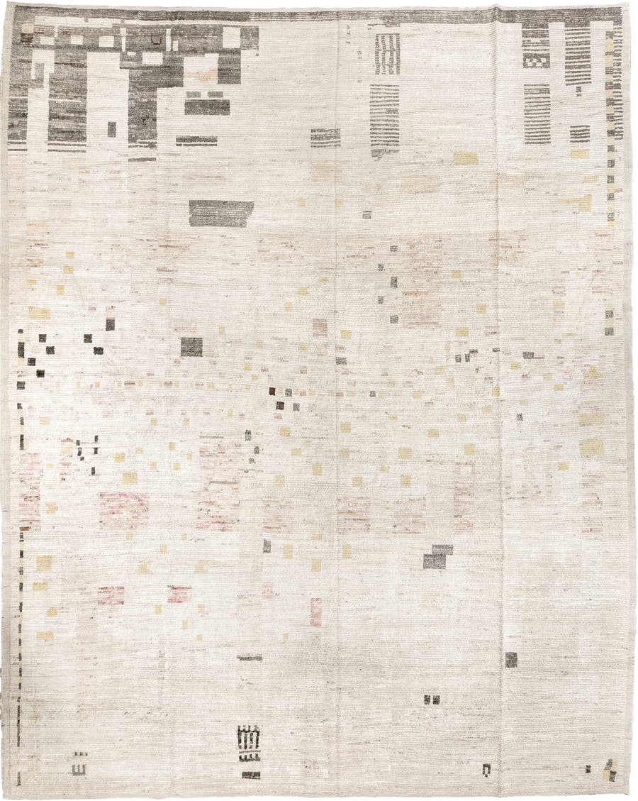 12' x 16' one-of-a-kind handmade vintage Tulu oversize rug. Color palette: ivory, charcoal, cream, pale gold, blush, taupe