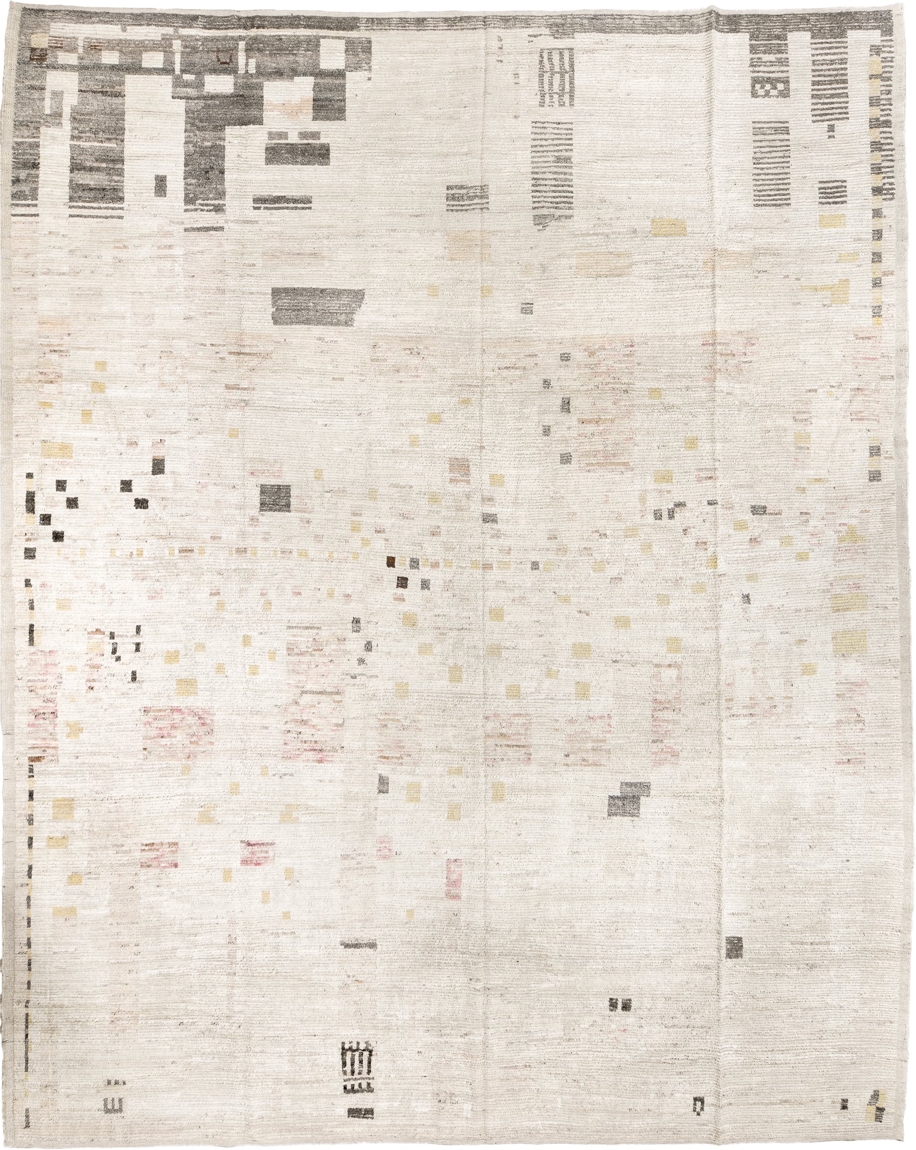 12' x 16' one-of-a-kind handmade vintage Tulu oversize rug. Color palette: ivory, charcoal, cream, pale gold, blush, taupe