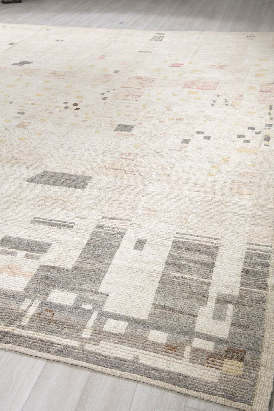 12' x 16' one-of-a-kind handmade vintage Tulu oversize rug. Color palette: ivory, charcoal, cream, pale gold, blush, taupe