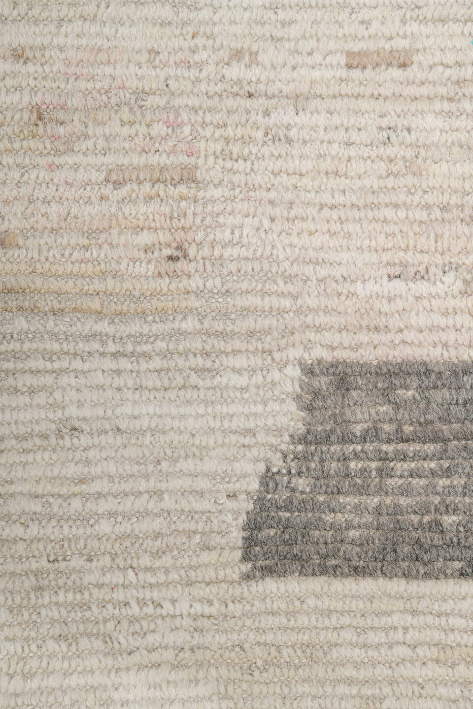 12' x 16' one-of-a-kind handmade vintage Tulu oversize rug. Color palette: ivory, charcoal, cream, pale gold, blush, taupe