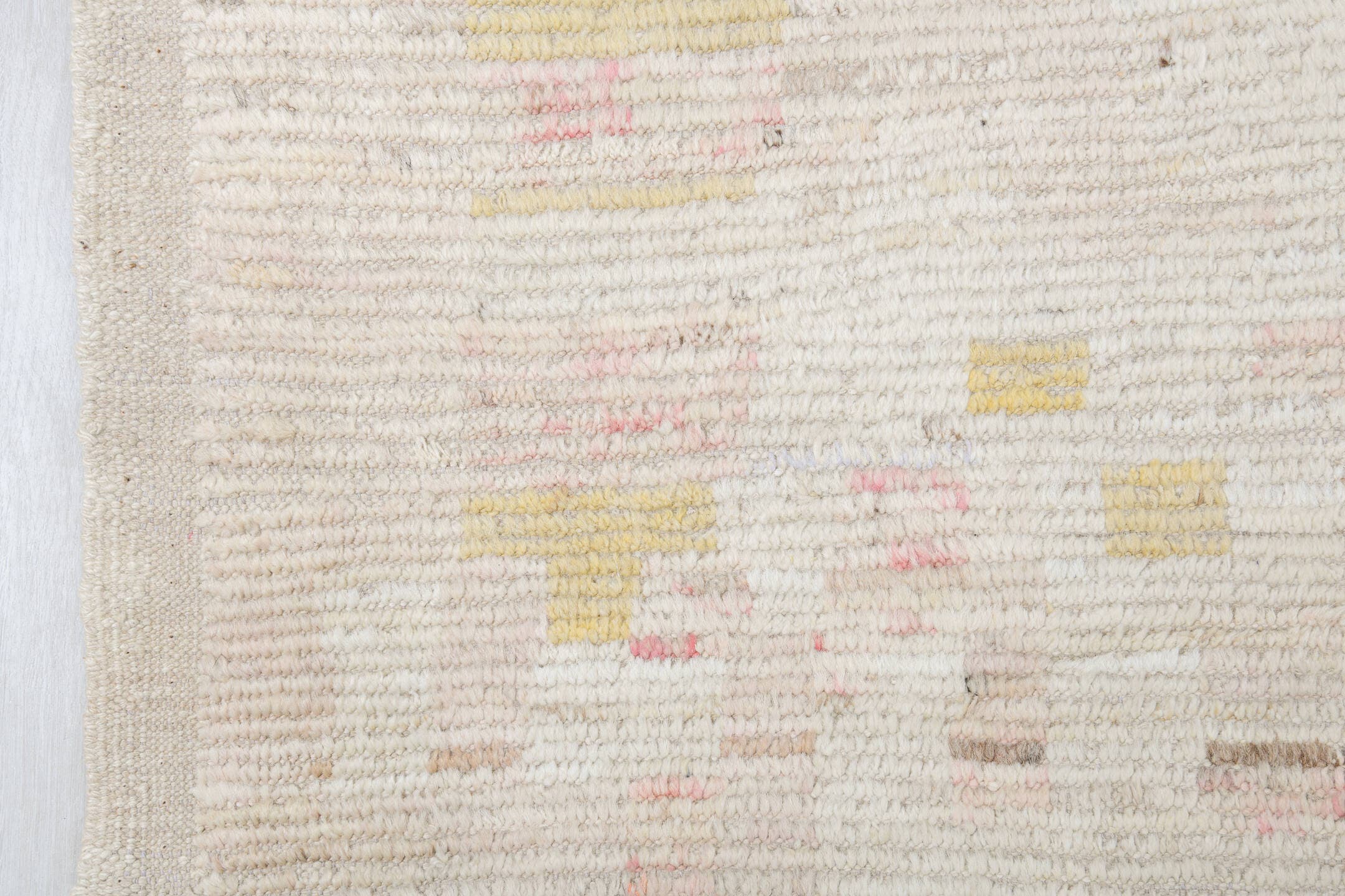 12' x 16' one-of-a-kind handmade vintage Tulu oversize rug. Color palette: ivory, charcoal, cream, pale gold, blush, taupe