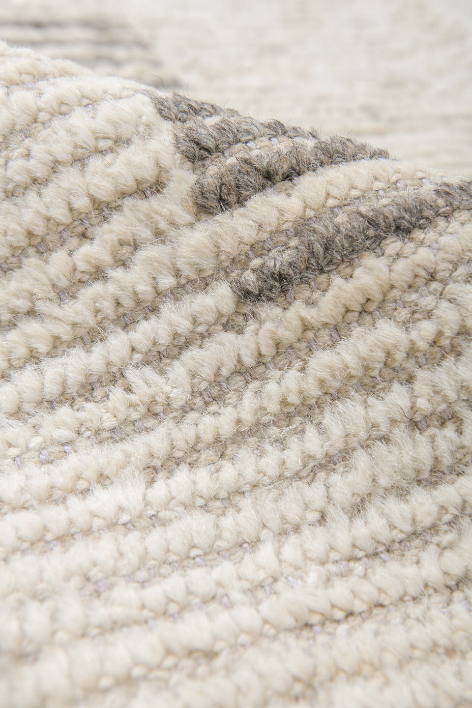 12' x 16' one-of-a-kind handmade vintage Tulu oversize rug. Color palette: ivory, charcoal, cream, pale gold, blush, taupe