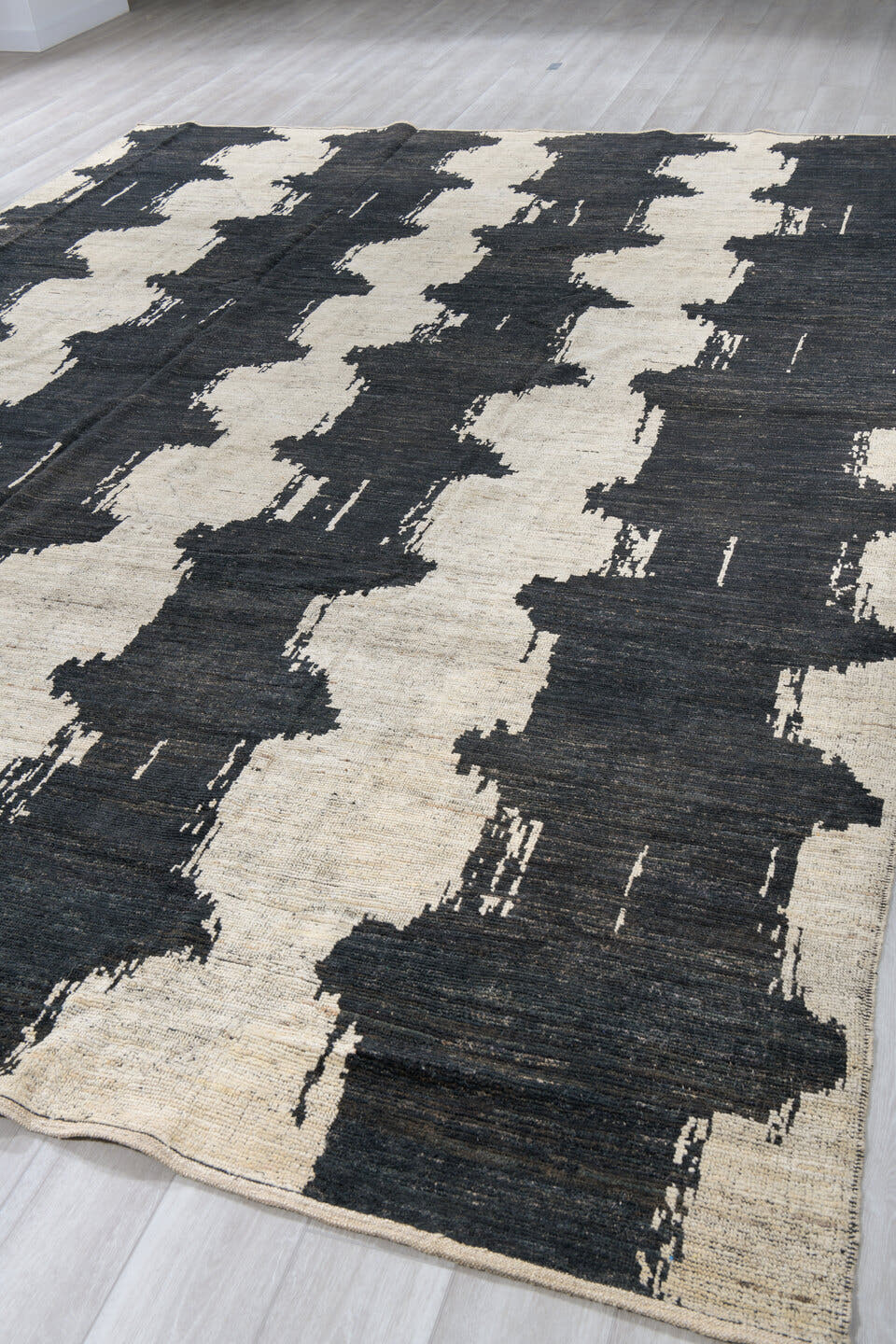 10' x 14' one-of-a-kind handmade vintage Tulu large size rug. Color palette: ivory, charcoal, black, cream, gray