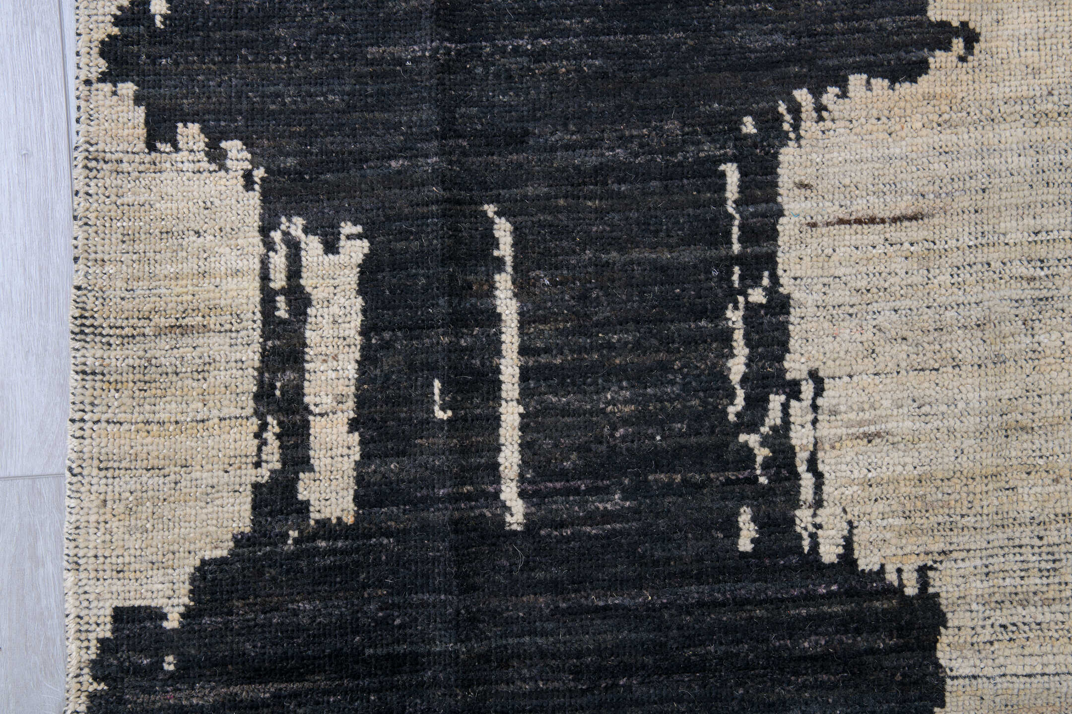 10' x 14' one-of-a-kind handmade vintage Tulu large size rug. Color palette: ivory, charcoal, black, cream, gray