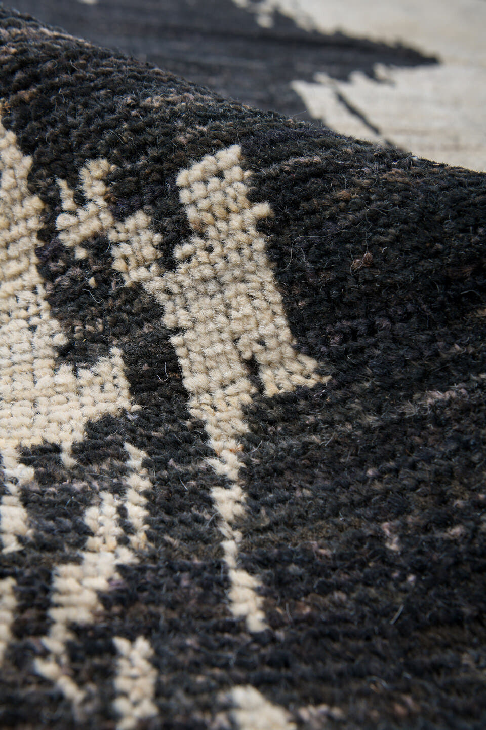 10' x 14' one-of-a-kind handmade vintage Tulu large size rug. Color palette: ivory, charcoal, black, cream, gray