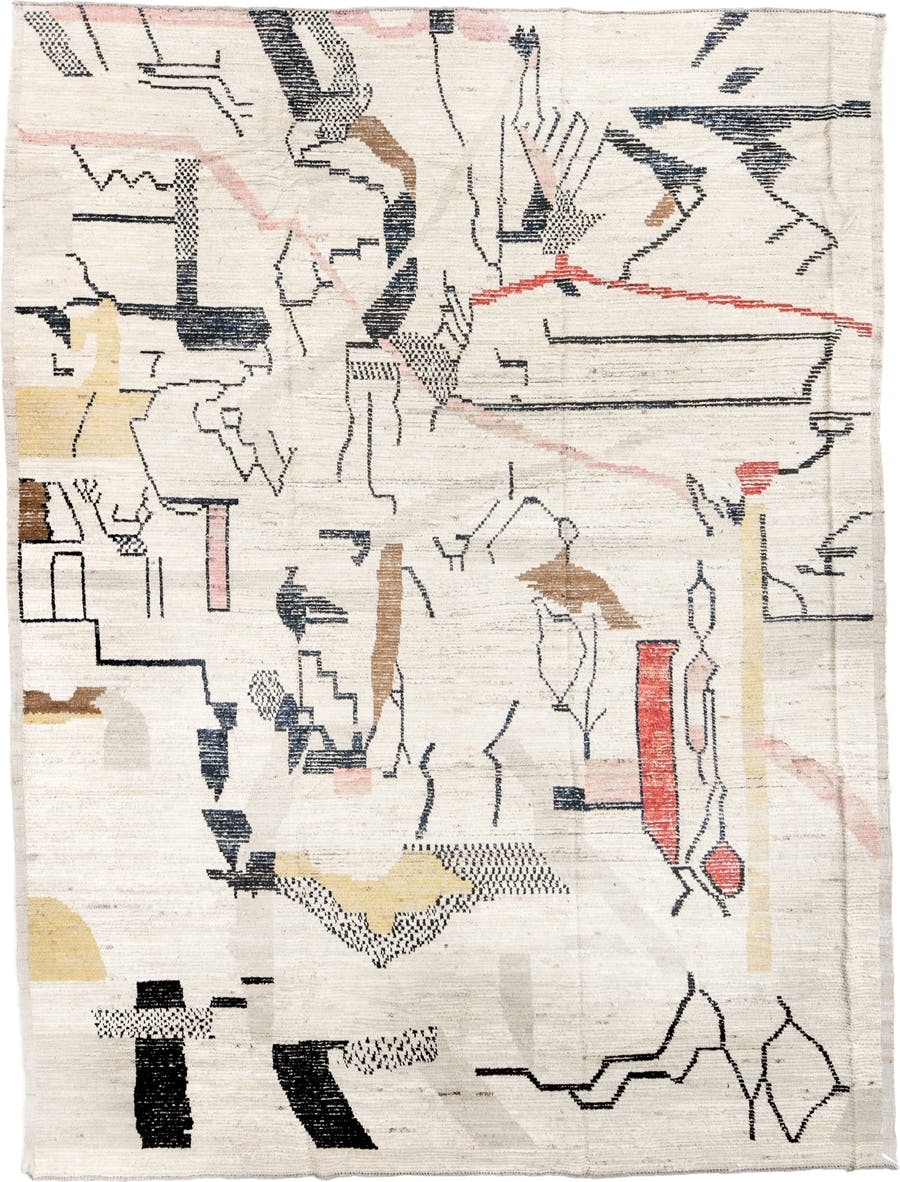 10' x 14' one-of-a-kind handmade vintage Tulu oversize rug. Color palette: ivory, charcoal, blush, coral, saffron, camel