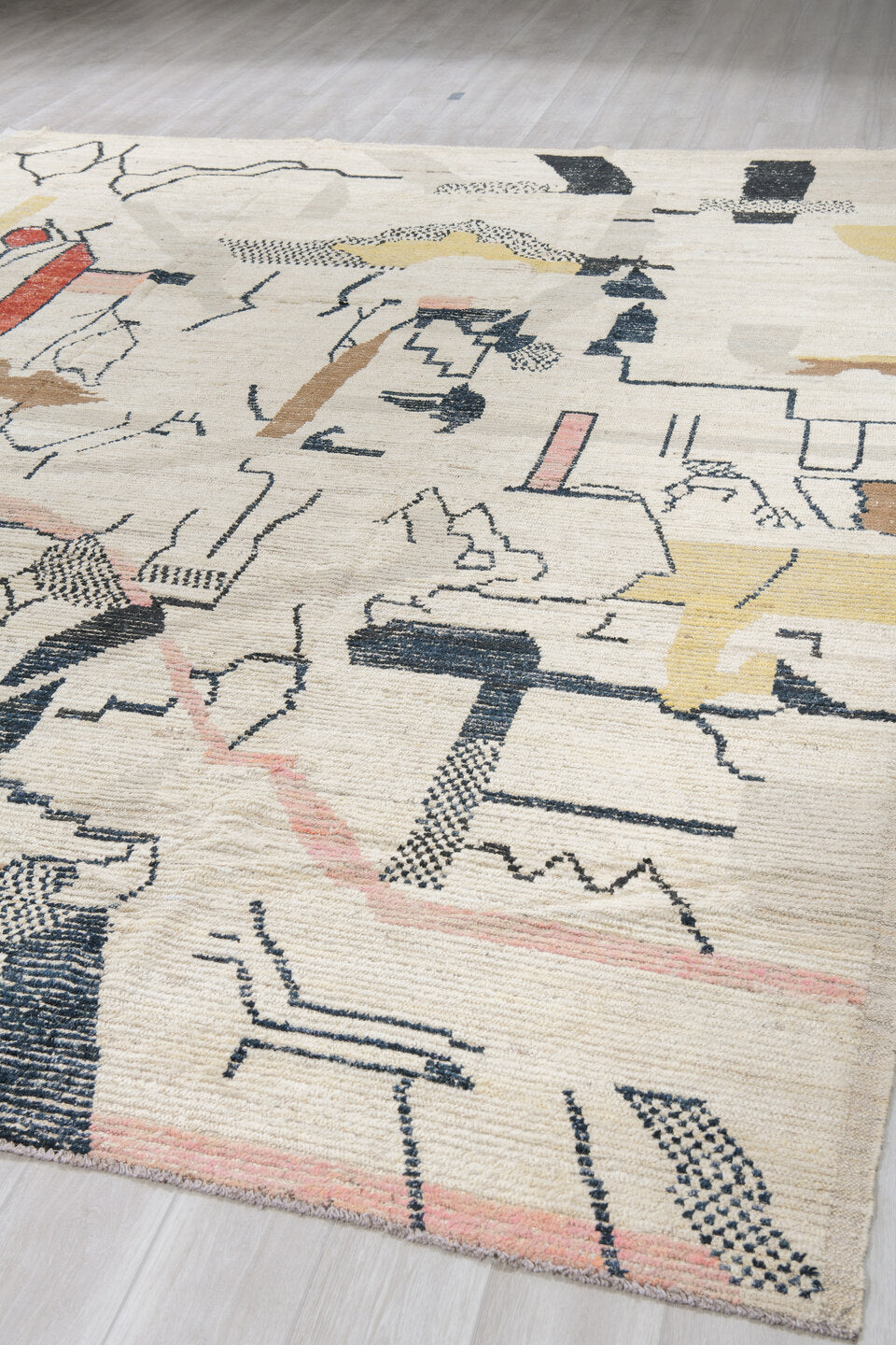 10' x 14' one-of-a-kind handmade vintage Tulu oversize rug. Color palette: ivory, charcoal, blush, coral, saffron, camel