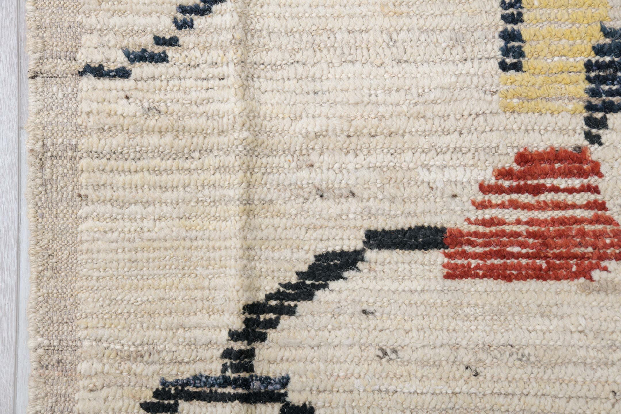 10' x 14' one-of-a-kind handmade vintage Tulu oversize rug. Color palette: ivory, charcoal, blush, coral, saffron, camel