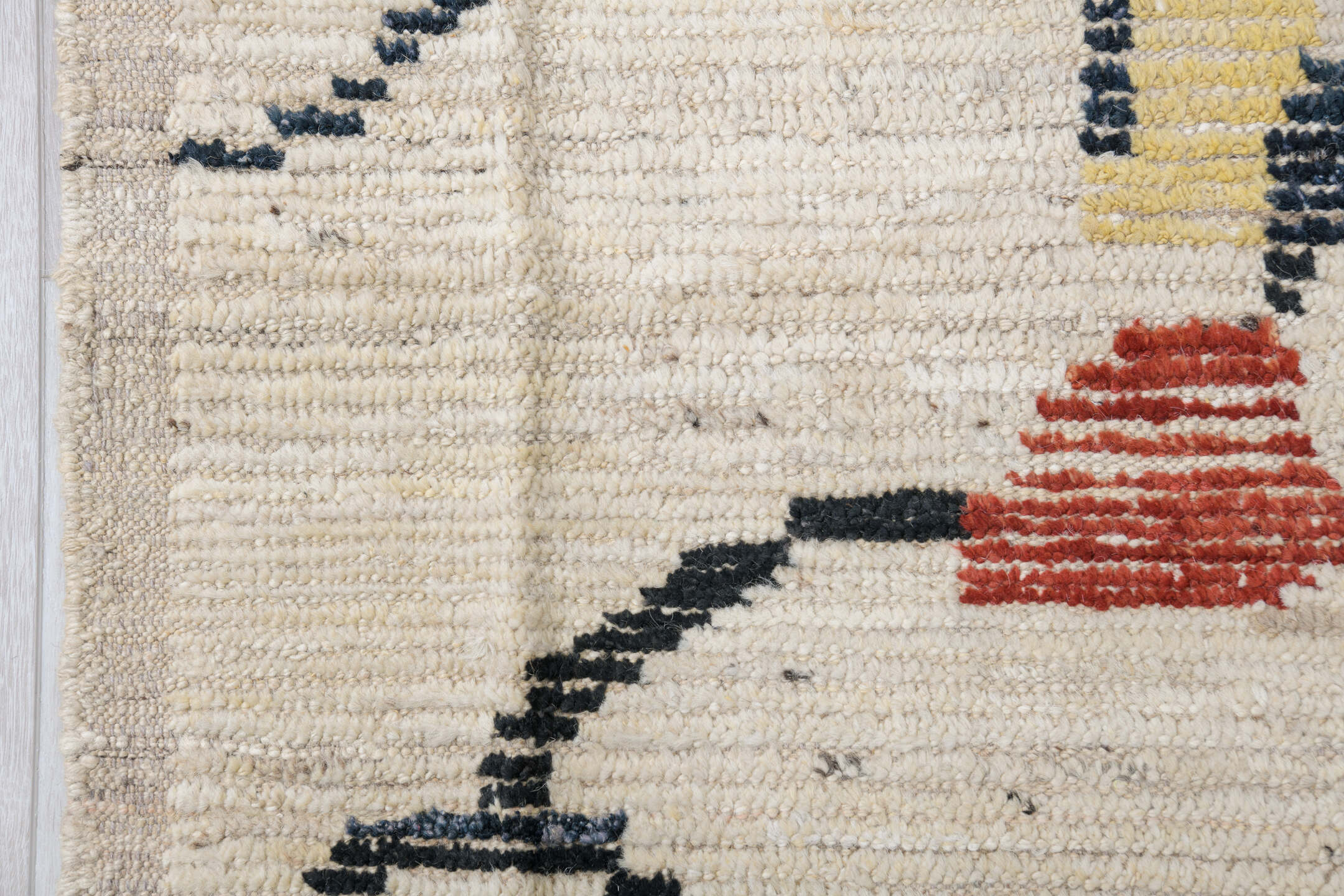 10' x 14' one-of-a-kind handmade vintage Tulu oversize rug. Color palette: ivory, charcoal, blush, coral, saffron, camel