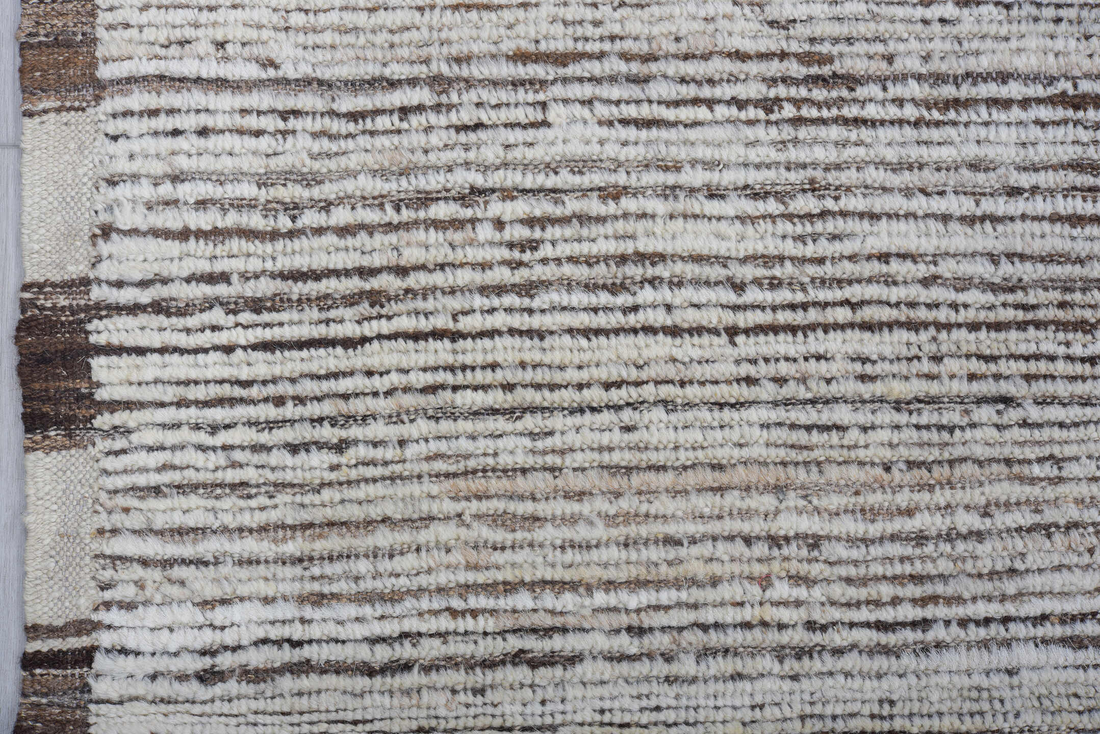 9' x 11' one-of-a-kind handmade vintage Tulu large size rug. Color palette: ivory, brown, taupe, charcoal, cream, beige