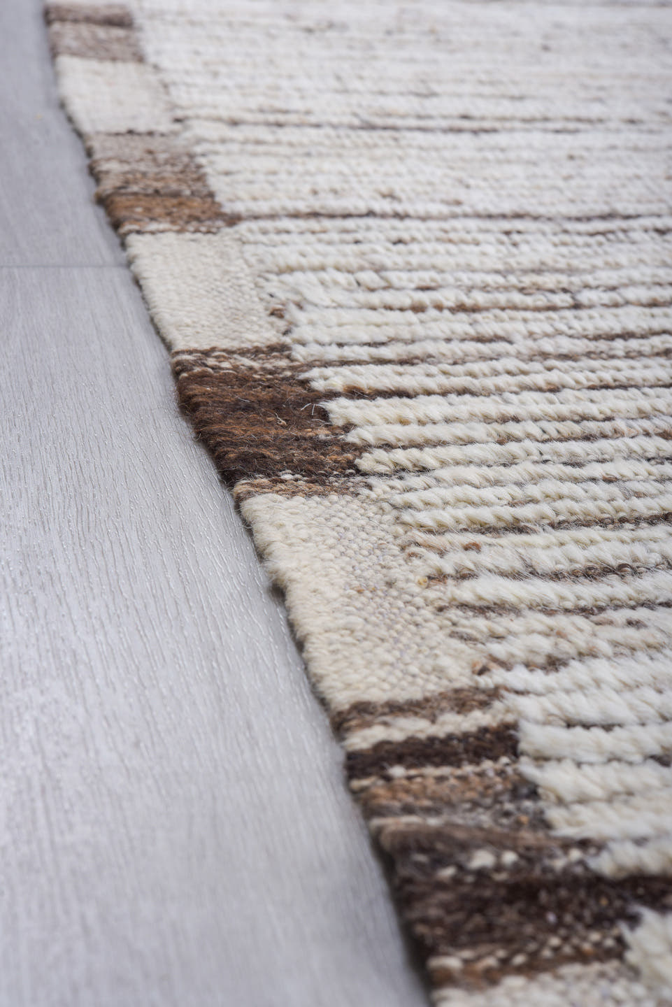 9' x 11' one-of-a-kind handmade vintage Tulu large size rug. Color palette: ivory, brown, taupe, charcoal, cream, beige