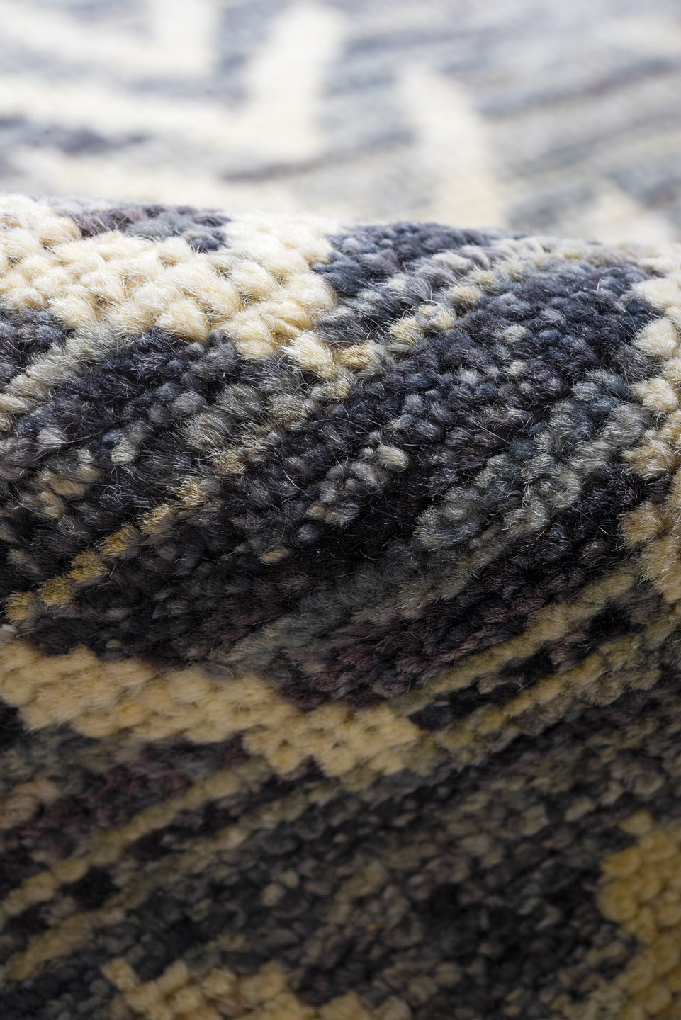 10' x 14' one-of-a-kind handmade vintage Tulu large size rug. Color palette: black, blue, dark gray, gray, light blue