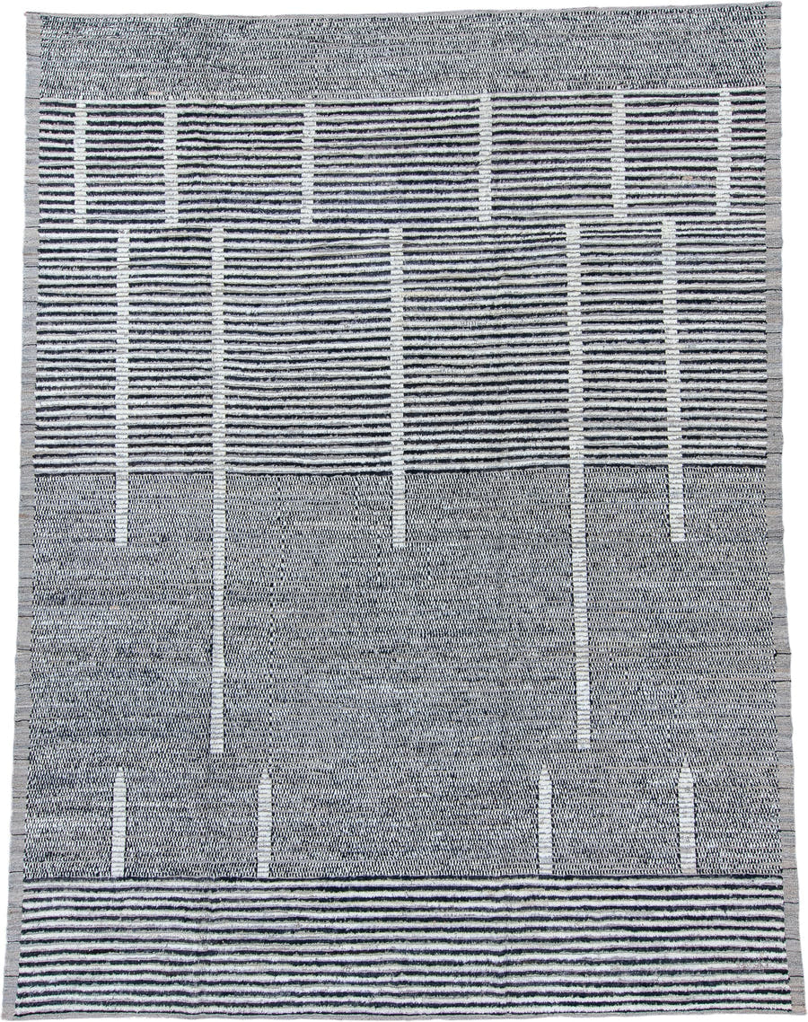 9' x 12' one-of-a-kind handmade vintage Tulu large size rug. Color palette: charcoal, ivory, gray, black