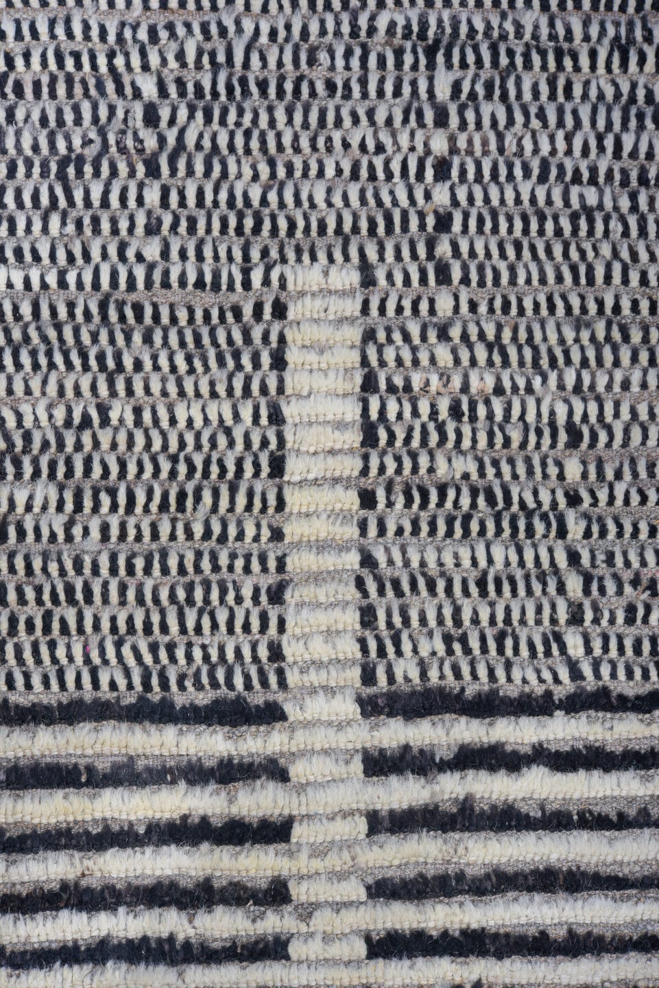 9' x 12' one-of-a-kind handmade vintage Tulu large size rug. Color palette: charcoal, ivory, gray, black