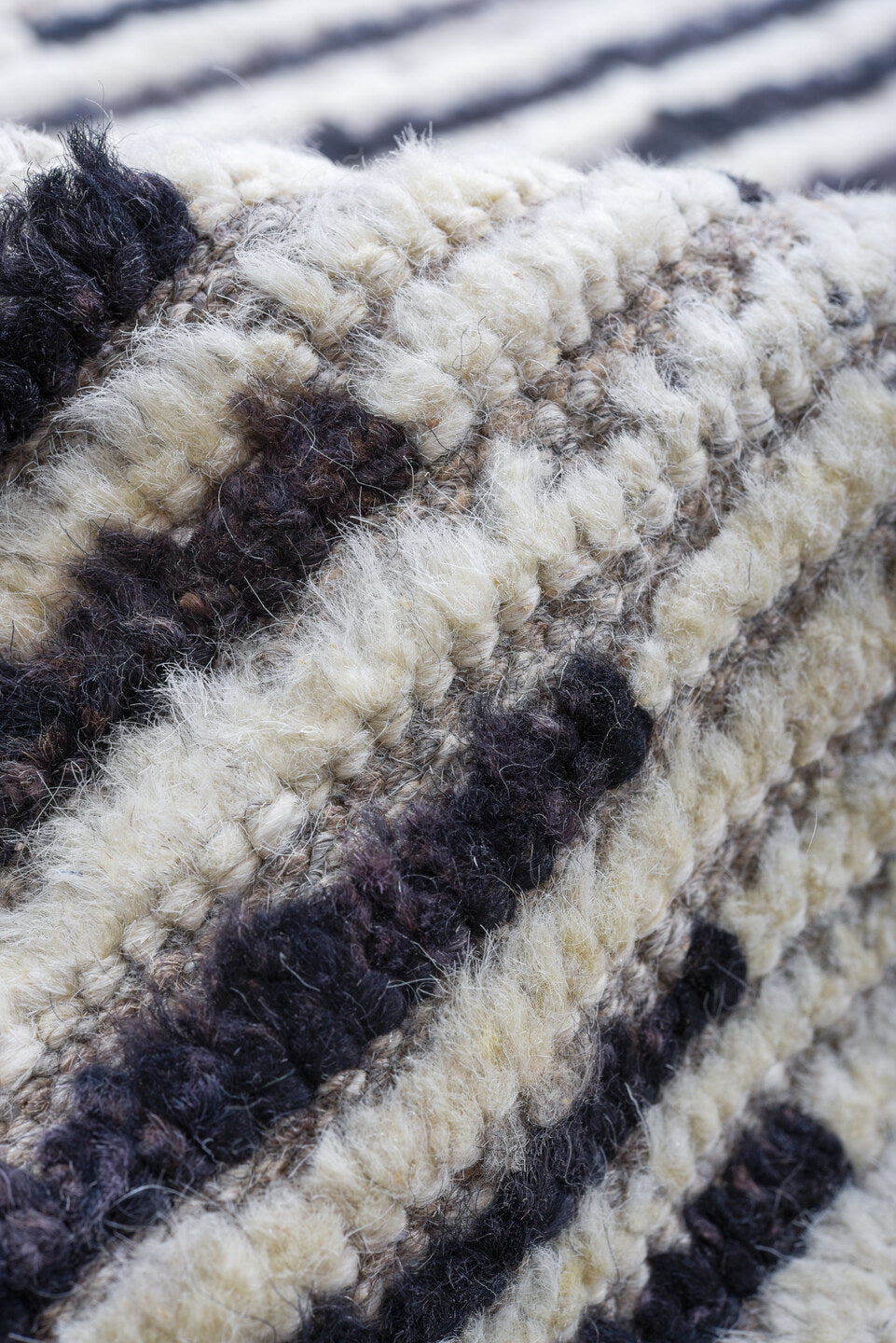 9' x 12' one-of-a-kind handmade vintage Tulu large size rug. Color palette: charcoal, ivory, gray, black