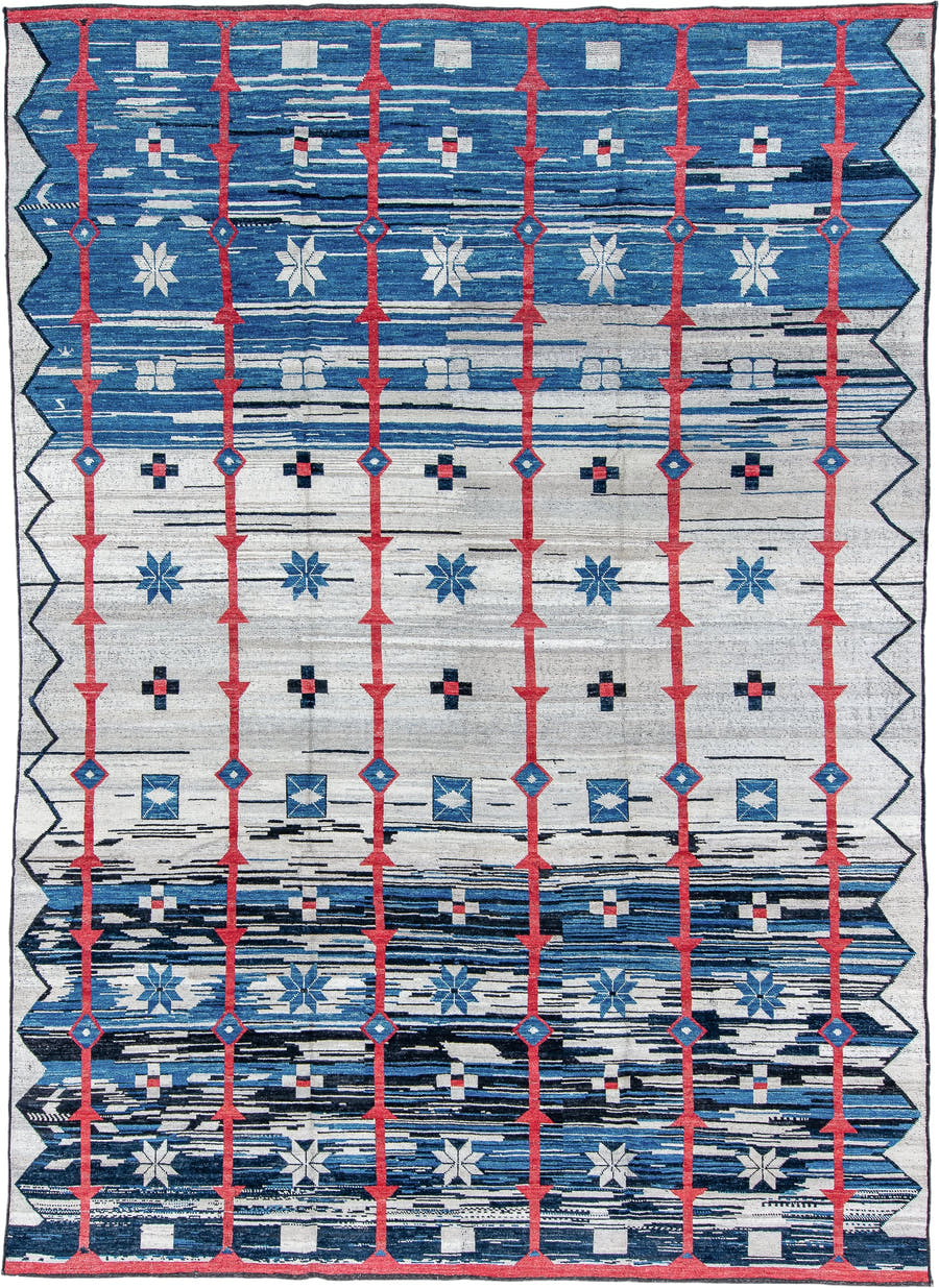 10' x 14' one-of-a-kind handmade vintage Tulu large size rug. Color palette: ivory, blue, coral, navy, sky_blue, charcoal