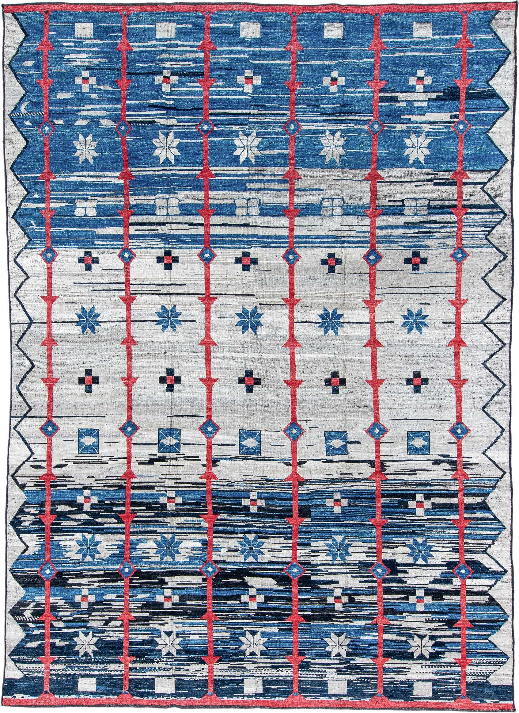 10' x 14' one-of-a-kind handmade vintage Tulu large size rug. Color palette: ivory, blue, coral, navy, sky_blue, charcoal