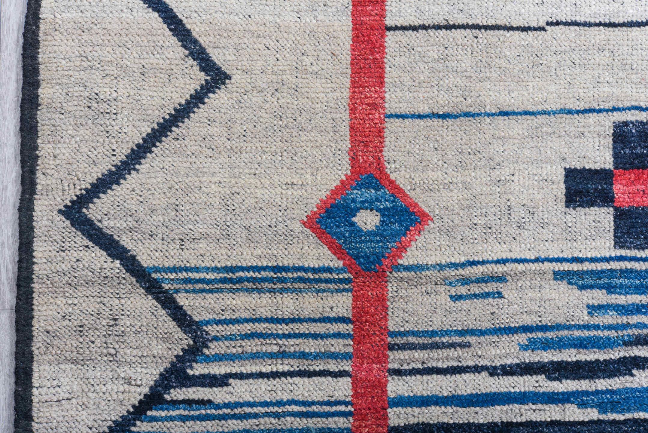 10' x 14' one-of-a-kind handmade vintage Tulu large size rug. Color palette: ivory, blue, coral, navy, sky_blue, charcoal