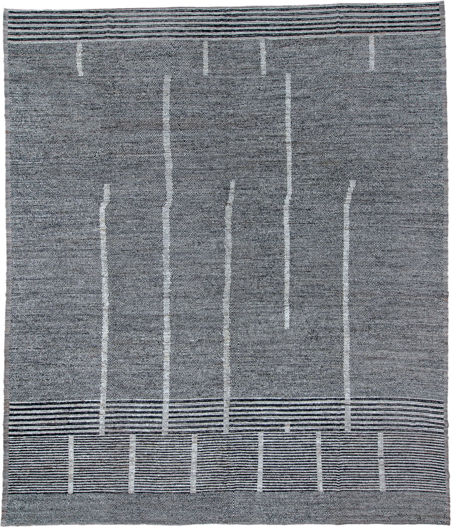 13' x 15' one-of-a-kind handmade vintage Tulu oversize rug. Color palette: gray, charcoal, ivory, slate, black