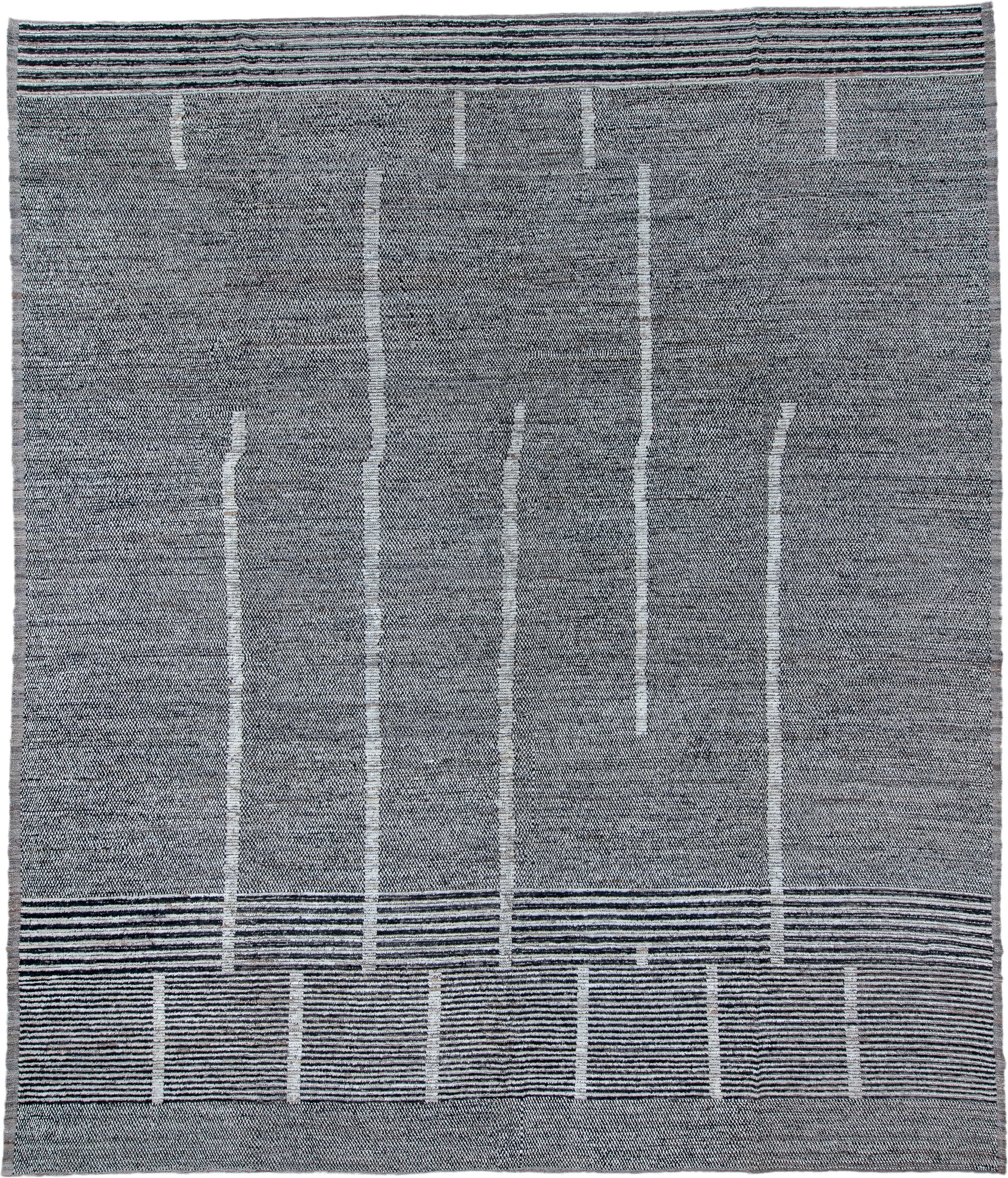 13' x 15' one-of-a-kind handmade vintage Tulu oversize rug. Color palette: gray, charcoal, ivory, slate, black