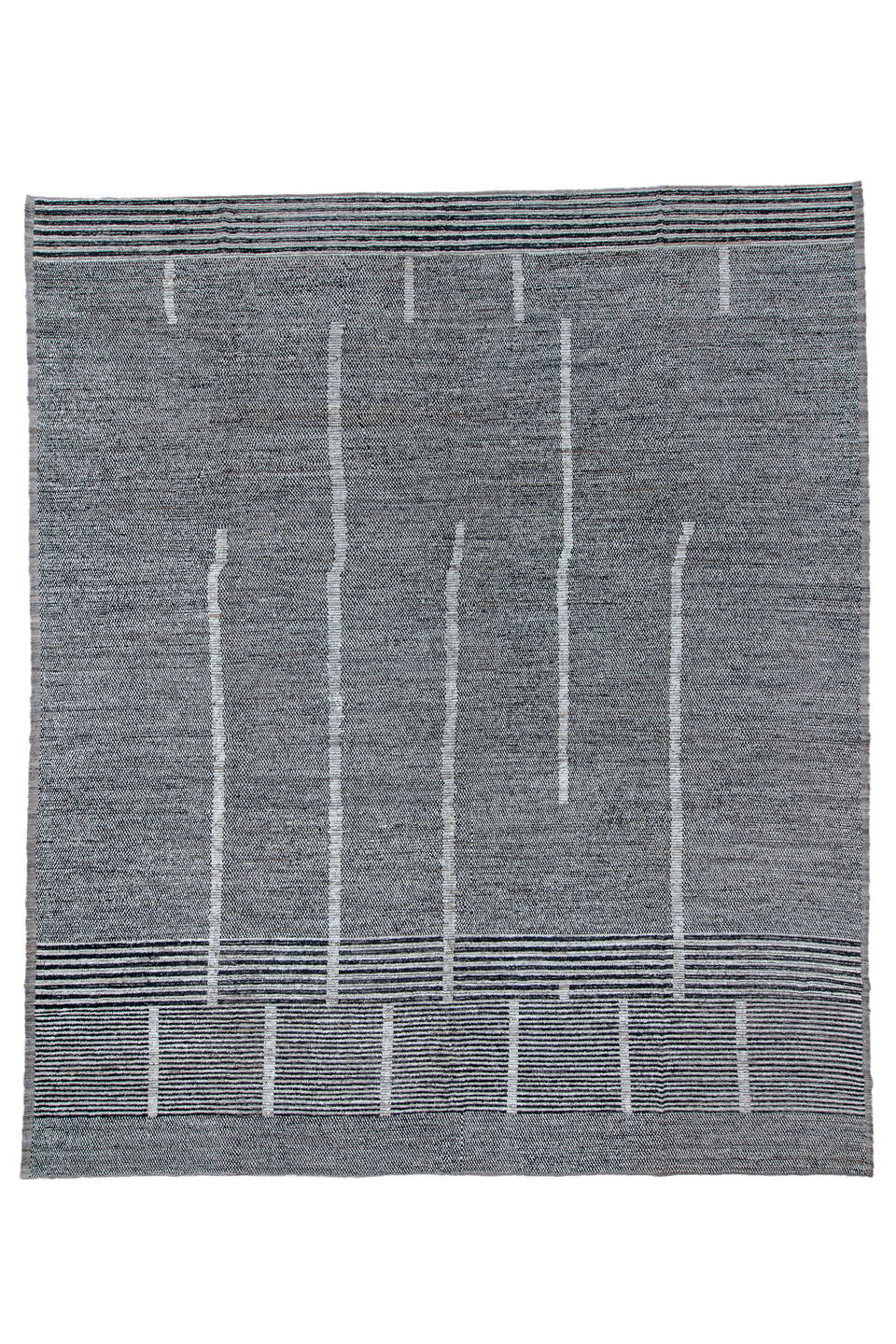 13' x 15' one-of-a-kind handmade vintage Tulu oversize rug. Color palette: black, blue, dark gray, dim gray, gainsboro, gray