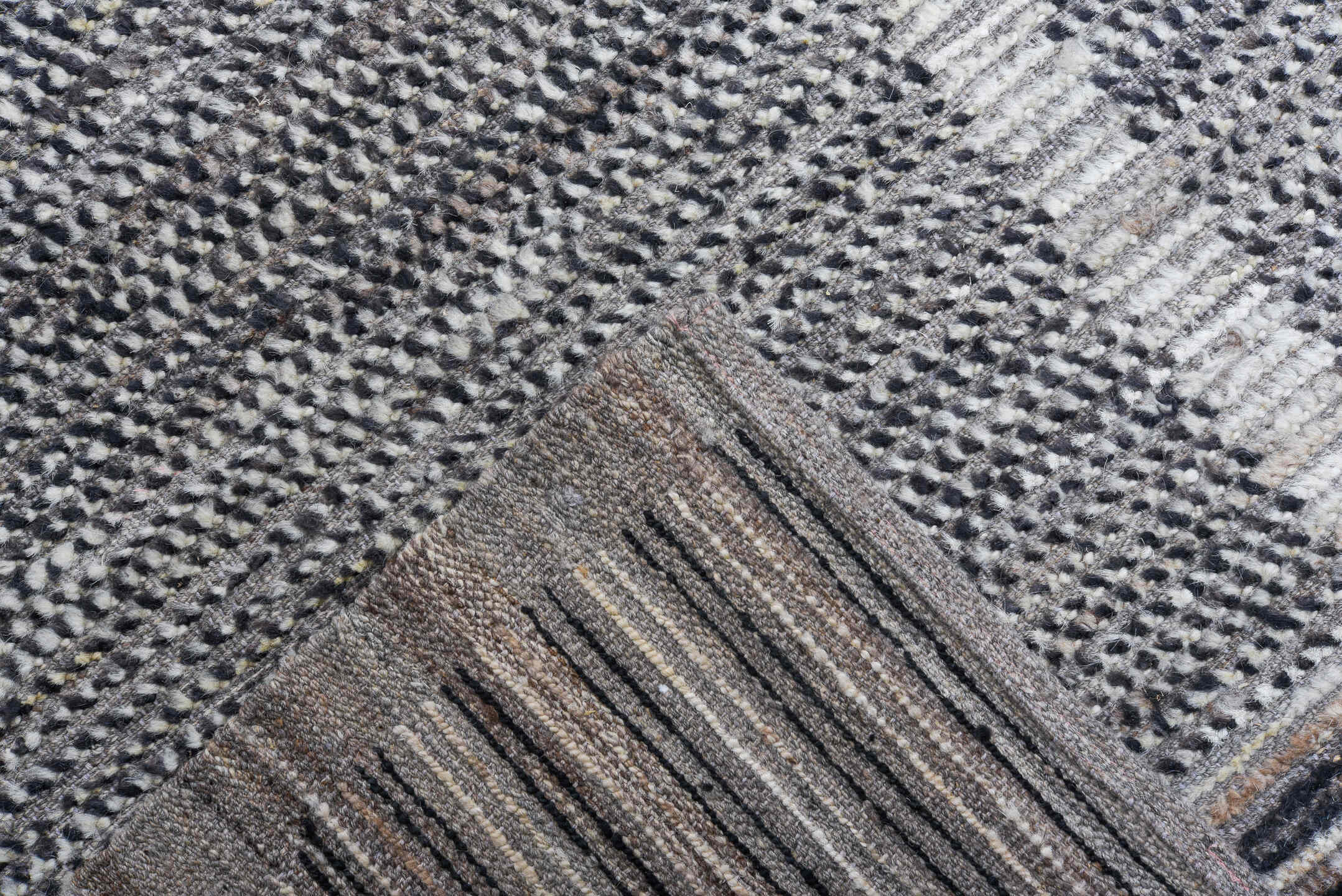 13' x 15' one-of-a-kind handmade vintage Tulu oversize rug. Color palette: gray, charcoal, ivory, slate, black
